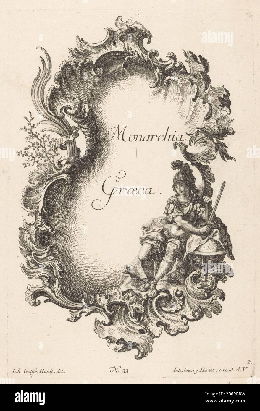Personnification de l'Empire grec dans la cartouche de la rocaille. Bon soutien à un jeune homme avec son bâton sur un globe. L'homme porte un casque et une armure et tient dans sa main droite un lourd d. Numéro d'éditeur 33. Fabricant : printmaker Jacob Gottlieb Thelottnaar dessin Johann Gottfried Haid (bâtiment classé) Editeur: Johann Georg Hertel (I) (bâtiment classé) Lieu de fabrication: Augsburg Date: 1745 Caractéristiques physiques: Matière de gravure: Technique du papier: Dimensions de gravure: Arête : h 294 mm × W 197 mm Sujet: Grèce (un des quatre Empire du monde Banque D'Images