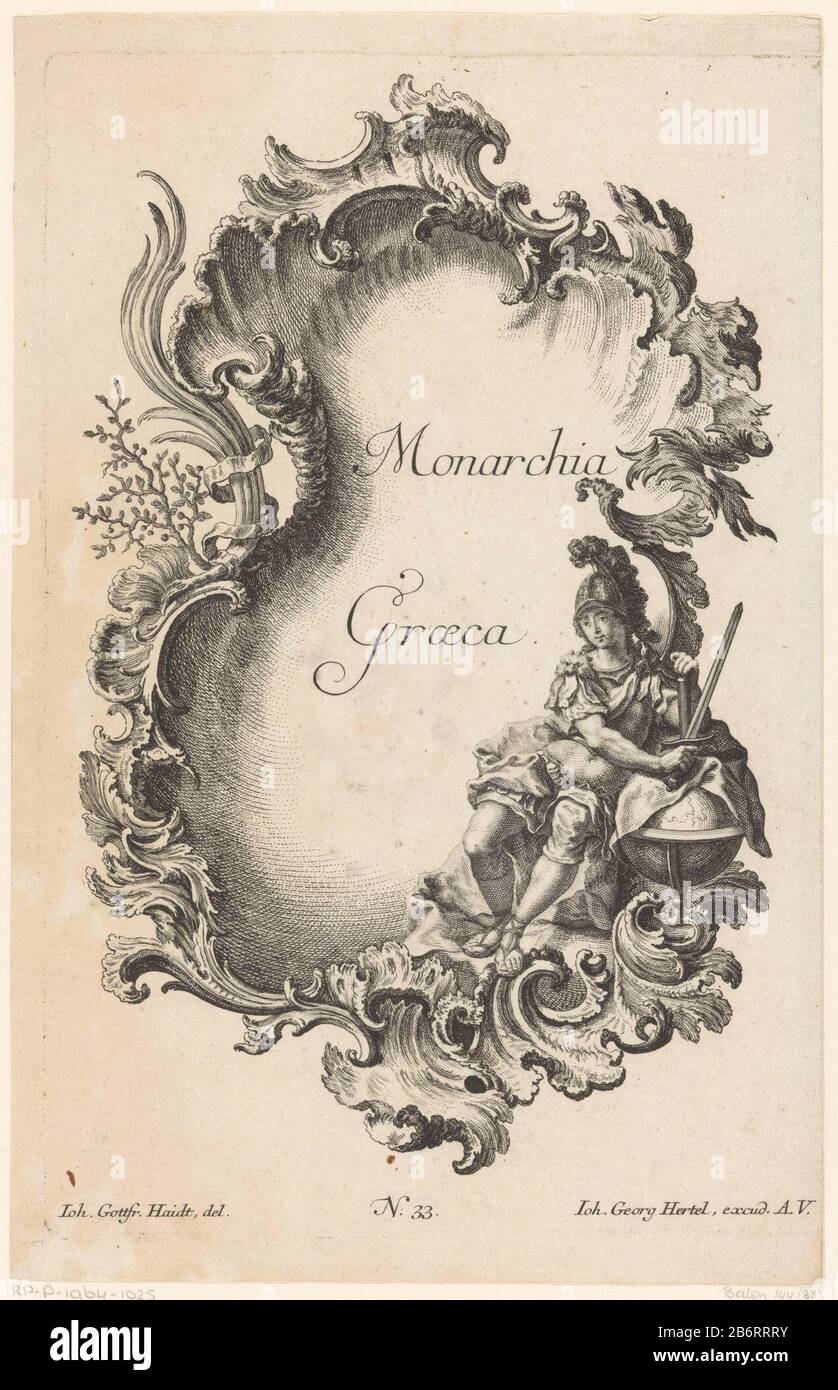 Personnification de l'Empire grec dans la cartouche de la rocaille. Bon soutien à un jeune homme avec son bâton sur un globe. L'homme porte un casque et une armure et tient dans sa main droite un lourd d. Numéro d'éditeur 33. Fabricant : printmaker Jacob Gottlieb Thelottnaar dessin Johann Gottfried Haid (bâtiment classé) Editeur: Johann Georg Hertel (I) (bâtiment classé) Lieu de fabrication: Augsburg Date: 1745 Caractéristiques physiques: Matière de gravure: Technique du papier: Gravure Dimensions: Bord de la plaque : H 296 mblad b 204 mm (coupe dans le bord de la plaque.) Explication cette impression fait partie d'une série de vier. Su Banque D'Images