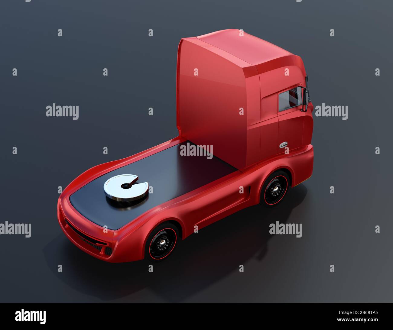 Vue arrière du modèle générique Camion électrique lourd rouge sur fond noir. Image de rendu 3D. Banque D'Images