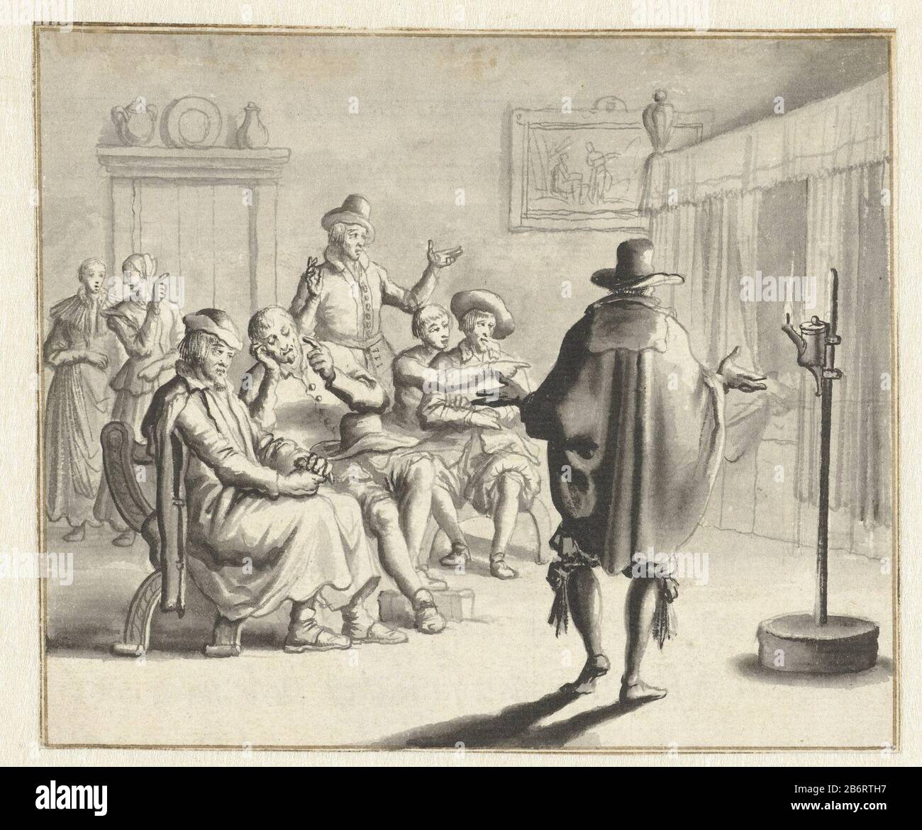 Groep personen voor een bedstee waarin het spookt projet Possible prent. Fabricant : artiste: Jan Luyken Date: 1660 - 1712 Caractéristiques physiques: Pinceau en noir et gris, stylo en gris: Encre de papier technique: Stylo / pinceau dimensions: H 111 mm × W 132 mm Objet: Matérialisation, apparence ou esprit ou lit fantôme intégré (néerlandais: 'Bedstead ') Banque D'Images