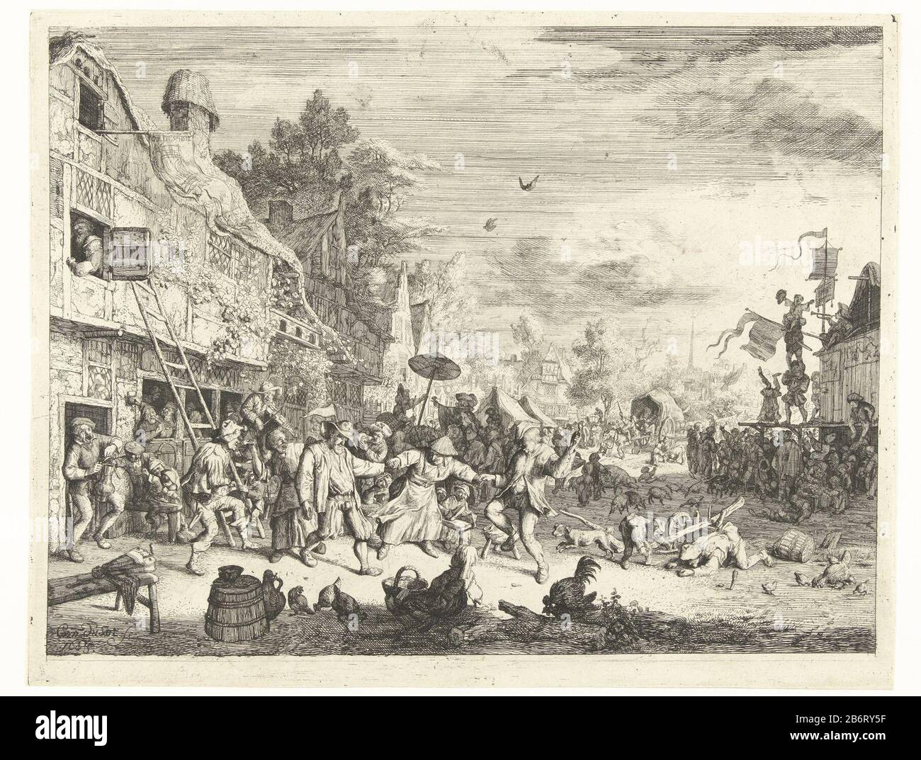 Grote dorpskermis Dans une rue du village est la danse et la musique faite pour une taverne Où: Boire des bouffées. Les acrobattes montrent leurs compétences sur une scène et les cochons et les poulets à la recherche de nourriture entre les dorpsbewoners de fête. Fabricant : Print Maker: Cornelis Dusart (indiqué sur l'objet) au dessin de: Cornelis Dusart Dating: 1685 Caractéristiques physiques: Matière de gravure: Technique du papier: Dimensions de gravure: Bord de la plaque : h 264 mm × W 338 mm Sujet: Performance en plein air (salon de plaisir) Banque D'Images