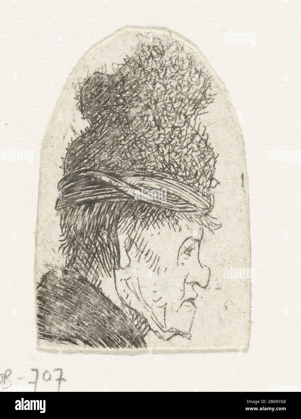 Groteske profiel van man met hoge muts Man avec un chapeau haut et un contour frappant du gezicht. Fabricant : printmaker Rembrandt van Rijn propre design: Rembrandt van Rijn Imprimer auteur: Jan Georg van Vliet (attribué à) Lieu de fabrication: Pays-Bas Date: 1625 - 1635 Caractéristiques physiques: Matière de gravure: Technique du papier: Dimensions de gravure: Feuille: H 38 mm (hémisphère supérieur) × W 26 mm Objet: hommes adultes (+ vue latérale, profil) Banque D'Images