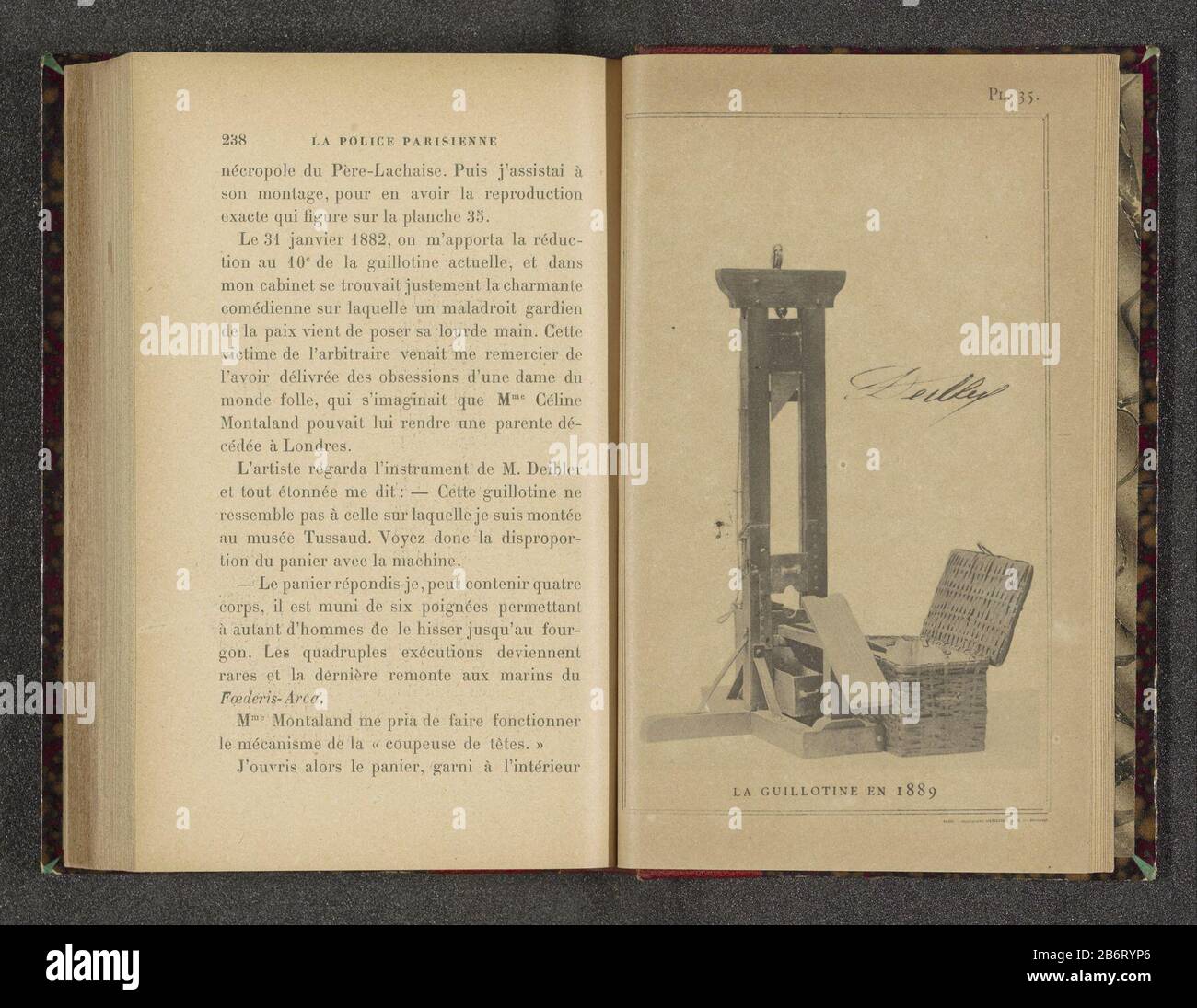 Guillotine met daarachter een mand om het hoofd in op te vangen la guillotine en 1889 Guillotine suivie d'un panier à la tête sur vangenLa guillotine et 1889 Type d'objet : impression photomécanique Numéro d'objet: RP-F-2012-67-34 Inscriptions / marques: Numéro, recto, imprimé, 'Pl. 35.' Fabricant : fabricant: Imprimante anonyme: Silvestre et Cie (indiqué sur l'objet) Lieu de fabrication: Créateur: France Editeur: Paris Dating: CA. 1880 - avant ou vers l'avant 1890 matériau: Technique du papier: Dimensions de la pression lumineuse: Photo: H 150 mm × b 92 mmToelichtPrent opposé 238. Page objet : Banque D'Images