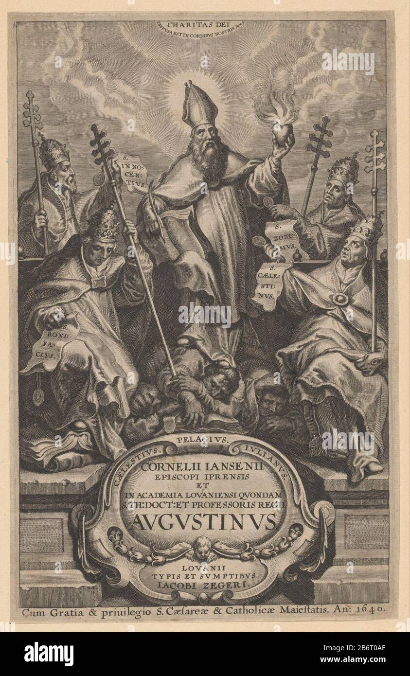 H Augustinus a rencontré brandend hart Titelpagina voor Cornelius Jansenius, Augustinus, Leuven, 1640 St Augustine avec livre et quill montre un coeur brûlant. Il porte un miter d'évêque. Augustine est entouré de quatre Papes : Innocent, Boniface, Zosimus et Celestinus. Fabricant : printmaker Cornelis Galle (I) conçu par Peter Paul Rubens (attribution rejetée) imprimante: Jacob Zegers (propriété cotée) fournisseur de privilèges: Ferdinand III (empereur allemand) (bâtiment classé) fabrication De Lieux: Printmaker: Southern Netherlands Éditeur: Leuven Dating: 1640 Caractéristiques physiques: Voiture: Papier Techn.ING Banque D'Images