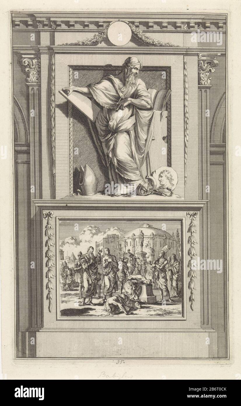 L'Antioche Sainte Babylas étudier un livre, prendre un stylo et un comprimé dans l'attaque. Babylas se trouve sur un piédestal Où: À l'avant de son image de beheading est gebracht. Fabricant : printmaker Jan Luyken Print auteur: Zacharias Chatelain (II) au dessin: Jan Goeree lieu de fabrication: Amsterdam Date: 1698 Caractéristiques physiques: Gravure et engraissement; matériau d'épreuvage: Technique du papier: Gravure / engraissement (processus d'impression) mesures: Bord de la plaque: H 276 mm × W 172 mmToelichtProefdruk de: Illustration de: Cave William, William. Les antiquités Apostolique, ou la vie (...) de l'heylige apôtres trois parties. Utrecht : Franço Banque D'Images