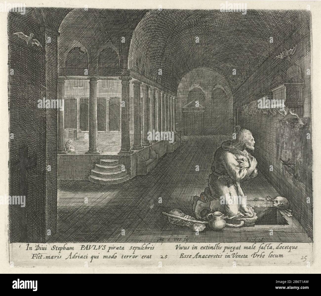 H Paulus als kluizenaar Heiligen en kluizenaars (serietitel) Dans un cloître est saint Paul hermit pétrir avant un crucifix. À côté de lui se trouvent une verseuse, une canne et un pain. Dans la marge une légende dans Latijn. Fabricant : printmaker Jan van Londerseel (propriété listée) conçu par: Marten de vos (bâtiment listé) Daté: 1580 - 1625 Caractéristiques physiques: Engrala et la brosse en gris: Technique du papier: Engraa ( procédé d'impression) / dimensions de la brosse: Bord de la plaque: H 167 mm × W 198 mmles symboles ToeliechtingKatholieke sont cachés et couverts de pinceau en grijs. Sujet: Saints mâles (avec LE NOM) anchorite, herm Banque D'Images