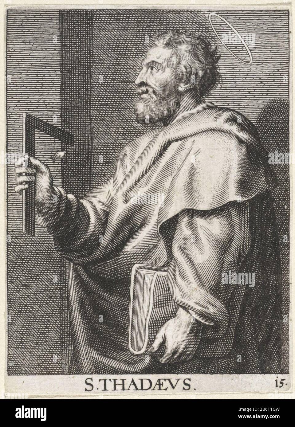 H Tomas S Thadaeus (objet op de titre) Christus, Maria en de appostelen (serietitel) l'Apôtre Thomas représente un mur avec un livre sous son bras et un snag dans sa main, une référence au palais qu'il construirait le roi païen Gundaforus. Fabricant : Printmaker: Schelte Adamsz. Bolswert (possible) pour la peinture de Gerard Seghers Éditeur: Paul Fürst Lieu de fabrication: Printmaker: Sud des Pays-Bas pour la peinture: Anvers Éditeur: Nuremberg Date: 1637 - 1666 Caractéristiques physiques: Matériel automobile: Technique papier: Engrala (impression) Dimensions: Feuille: H 122 mm × W 91 mmToeliechtingde capt Banque D'Images