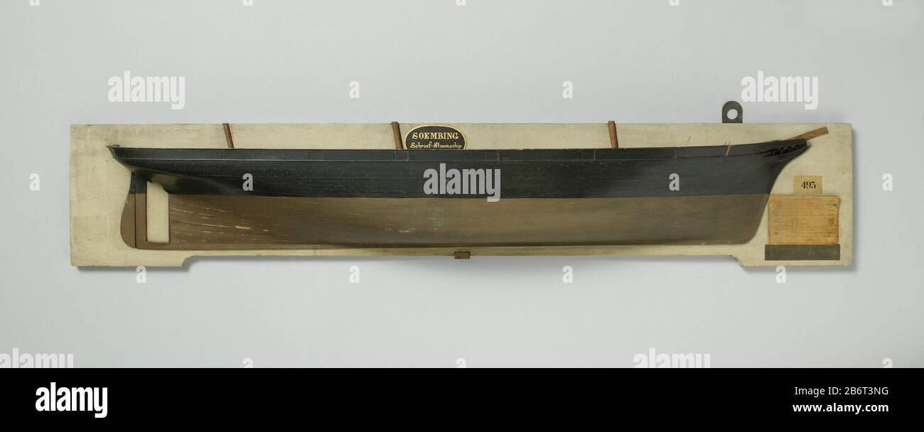 Halfmodel van een schroefstoomschip Half Model of a vis steamship type d'objet: Modèle de navire modèle demi modèle de site modèle d'article numéro: Ng-MC-493 Inscriptions / marques: Inscription, centre supérieur, une étiquette ovale 'Sonne / vis-Steamship / 4ème Klasse'opschrift, en bas à droite, sur un morceau de papier, à l'encre: 'Main Dimensions: 'Main: 'Main: / [suivi des mesures et de l'armement] / Vlissingen, 23 Mars 1858 / l'ingénieur en chef de la Marine / Turk'etiket, au milieu à droite: Ancienne échelle de numéro d'inventaire, en bas à droite: L'échelle de laiton en pouces description: Polychrome , planté entièrement merry modèle (tribord) d'une vis à trois pôles Banque D'Images