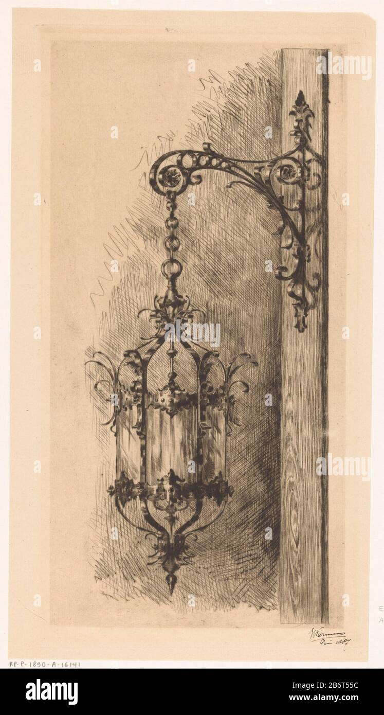 Hanglantaarn aan een bras Lanterne À bras Type d'objet : photo Numéro d'article: RP-P-1890-A 16141 Inscriptions / marques: Marque du collectionneur, verso, estampillé: Lugt 2228 Fabricant : graveur Eduard Niermans (personnellement signé) Lieu de fabrication: Paris Date: 1887 matériau : papier: Technique gravure / format de plaque tonale: Bord: Plaque: H 394 mm × W 210 mm Objet : lanterne Banque D'Images