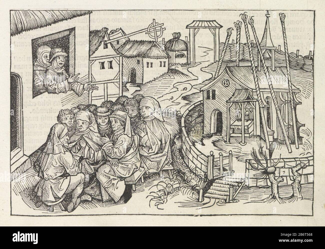 Hans Bohm van Niklashausen predykend Liber Chronicarum (serietitel) Dans un village un groupe de personnes écoutant un homme dans un cadre de fenêtre. A droite une église ou une chapelle. L'idée vient du Liber Chronicarum. Le texte de ce livre identifie l'homme comme Hans Bohm Niklashausen. Cet homme a prêché à la vie honteuse du clergé et a appelé les gens à ne payer aucune taxe et péages. L'impression fait partie d'un album. Fabricant : printmaker Michel Wolgemut (studio) printmaker: Wilhelm Pleydenwurff (atelier) Lieu de fabrication: Nuremberg Date: 1493 Caractéristiques physiques: Bois collé sur la feuille d'album; verso wi Banque D'Images