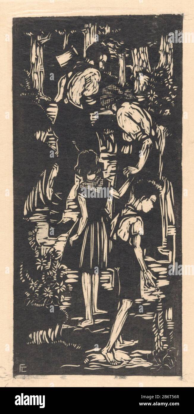 Hans en Grietje (originele titel op object) Hansel et Gretel (original title object) Type d'objet: Photo Numéro d'article: RP-P-1931-1096 Inscriptions / marques: Marque du collectionneur, verso, estampillé: Lugt 2228opschrift, verso, manuscrit: 'FRE Cohen / Zaaierg Amsterdam 125 / O [Sweesost] 'Descriptio: Hansel et Gretel et leur père et leur belle-mère marchent dans les bois. Hans laisse un sentier de cailloux ou de chapelure. Fabricant : printmaker: Frederika Sophia Cohen (signature personnelle) Date: 1929 matériau: Papier chine collé technique: Bois Dimensions: Feuille: H 325 mm × W 273 mm Objet: STO Banque D'Images