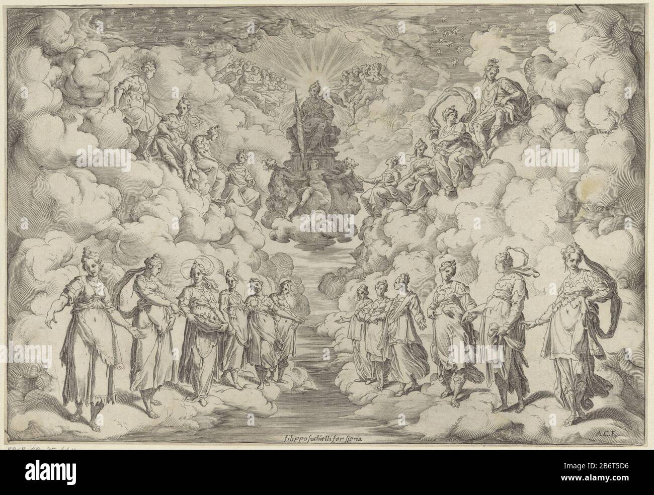 Harmonie van de sferen Affichage du premier intermezzo pendant la performance de la pièce 'la Pellegrina' par Girolamo Bargagli: L'atmosphère assise et debout dans des rangées sur des nuages. Pour les six machines et costumes intermezzi Giovanni Bardi ont été conçus par Bernardo Buontalenti. Cette version a été l'occasion du mariage de Ferdinando i de 'Medici et Christina de Lorraine en 1589. Fabricant : printmaker: Agostino Carracci (propriété cotée) au dessin: Andrea Boscolinaar design: Bernardo Buontatalentiuitgever: Filippo Suchielli (objet cotée ) Lieu de fabrication: Print maker: Italie to dr Banque D'Images