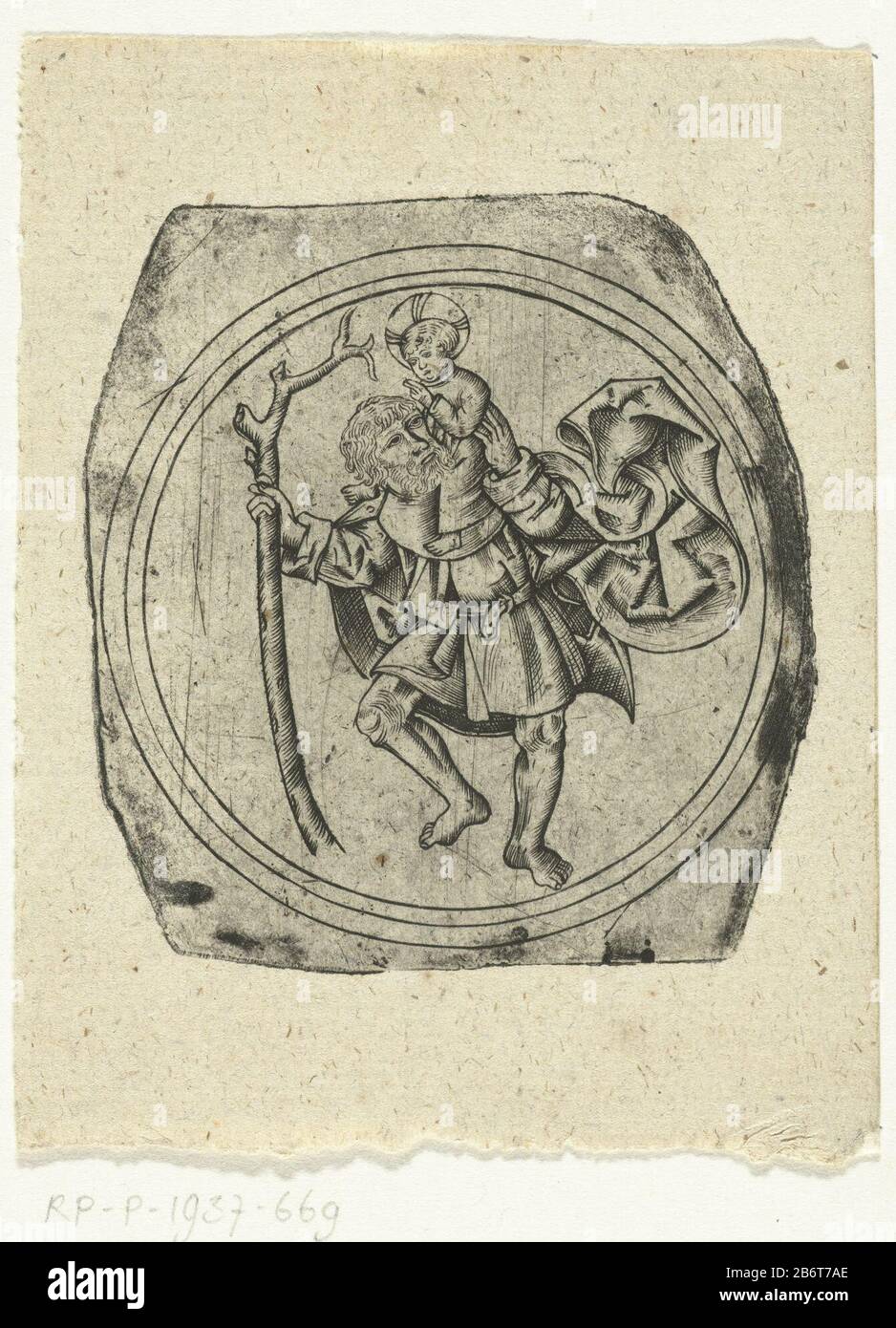 Heilige Christoffel copie moderne d'une plaque de cuivre du début du XVIe siècle. Médaillon avec le Saint Christopher portant l'enfant du Christ sur son dos, la rivière n'est pas montrée. De l'arrière de la plaque il y a aussi une impression, en même temps avec Christoffel. Fabricant : fabricant d'impression: Anonyme pour imprimer par: Monogrammist HS (Allemagne) Lieu de fabrication: Allemagne Date: 1550 - 1600 Caractéristiques physiques: Engraa matériau: Technique du papier: Engraa (procédé d'impression) Dimensions: Bord de la plaque : h 69 mm (bords irréguliers) × b mtoelichtPlaat 64 est situé dans le Musuem municipal Banque D'Images