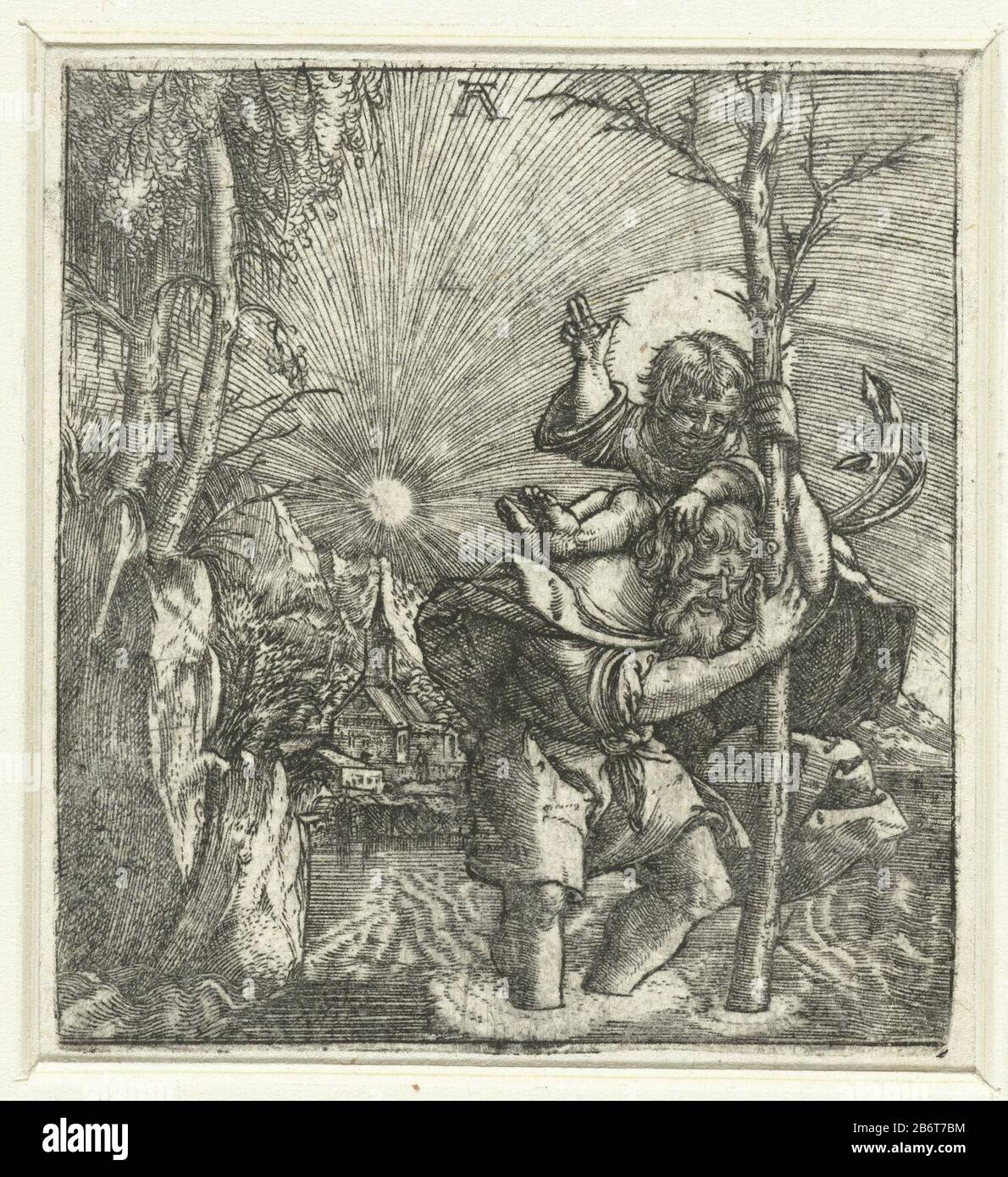 Heilige Christoffel le saint Christopher qui traverse la rivière avec l'enfant du Christ sur ses Schouders. Fabricant : printmaker Albrecht Altdorfer (bâtiment classé) dans son dessin: Albrecht AltdorferPlaats fabrication: Allemagne Date: CA. 1506 - 1538 Caractéristiques physiques: Matériel automobile: Papier technique: Engrala (impression) Dimensions: Bord de la plaque: H 64 mm × W 58 mm Objet: St. Christopher avec le bébé Christ sur ses épaules, passage à gué à travers l'eau et transportant son personnel (palmier); Parfois, un ermit se tient Plus Loin sur le banc à côté d'une chapelle, une lanterne dans sa main et à droite Banque D'Images