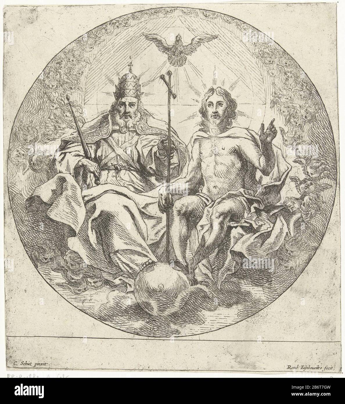 Christ et Dieu le Père, côte à côte avec au-dessus d'eux l'Esprit Saint représenté comme duif. Fabricant : printmaker: Remoldus Eynhoudts (propriété cotée) à la peinture par Cornelis Schut (I) (bâtiment classé) Fabrication De Lieux: Anvers Dating: CA. 1626 - ca. 1680 Caractéristiques physiques: Matériel de gravure: Technique du papier: Dimensions de gravure : feuille: H 202 mm × W 185 mm Objet: La Sainte Trinité, 'Trinitas coelestis; Père, fils et Esprit Saint  religion chrétienne Banque D'Images