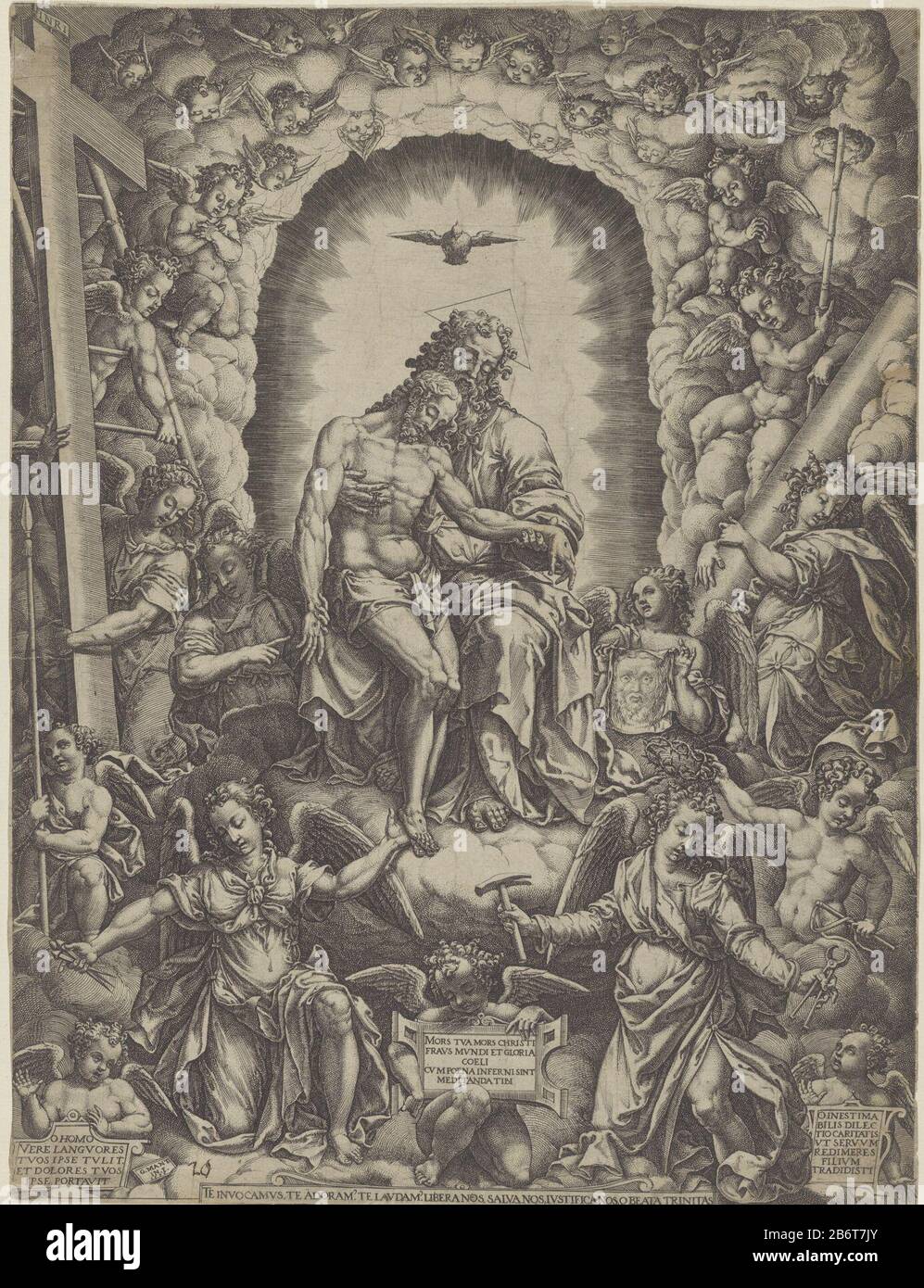 Dieu le Père est avec le corps du Christ sur ses genoux. Au-dessus d'eux hove l'Esprit Saint sous la forme d'une colombe. Ils sont entourés d'un anneau de chérubins et d'anges avec l'Arma Christi. Fabricant : printmaker Giorgio Ghisi (bâtiment classé) dans sa conception: Giorgio Ghisi (propriété cotée) Lieu de fabrication: Italie Date: 1576 Caractéristiques physiques: Matériau de la voiture: Technique du papier : engraa (procédé d'impression) Dimensions: Feuille: H 398 mm (bord de la plaque intérieure découpée.) b × 301 mm (bord de la plaque intérieure coupée.) Sujet: La Sainte Trinité, 'Trinitas coelestis; Père, fils et Esprit Saint  Christian religieengelencherubs Banque D'Images