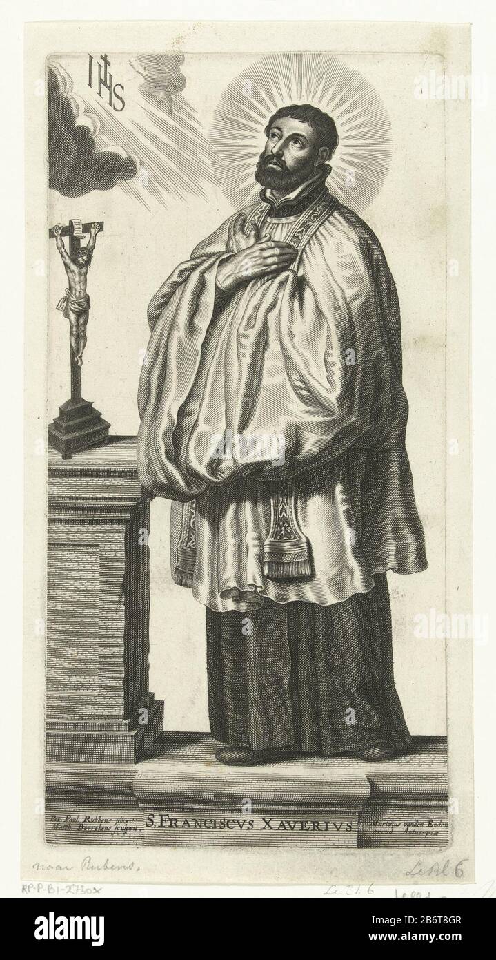 Heilige Franciscus Xaverius Heiligen (servietitel) le Saint François Xavier, prêtre jésuite du XVIe siècle, était missionnaire en Inde et au Japon. Il est une robe de prêtre et se tient devant un autel avec un crucifix. Il maintient ses bras sur sa poitrine. Il a un halo autour de son hoofd. Fabricant : printmaker: Matthew Borrekens (propriété cotée) à la peinture par Peter Paul Rubens (bâtiment classé) Editeur: Martinus van den Enden (propriété cotée) Lieu de fabrication: Anvers Date: 1644 Caractéristiques physiques: Matière de prise: Papier: Technique: Engraa (impression) Dimensions: Bord de la plaque b 129 mm Banque D'Images