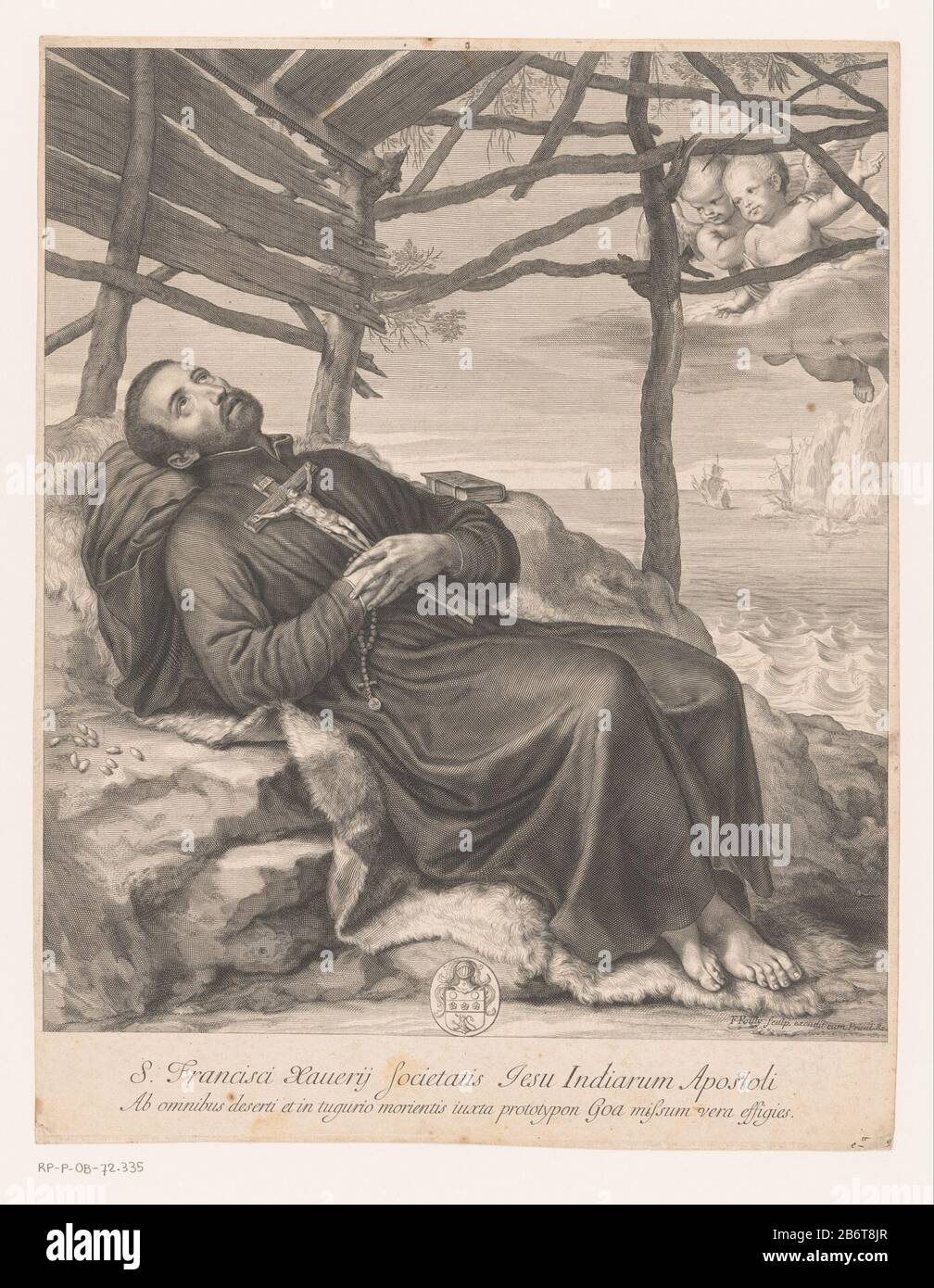 Heilige Franciscus Xaverius Saint Francis Xavier allongé sous un couvert de branches et épave crucifix bois contre sa poitrine imprimée. En arrière-plan un paysage marin avec des bateaux et deux anges au-dessus de la hutte zweven. Fabricant : printmaker: François de Poilly (I) (bâtiment classé) Editeur: François de Poilly (I) (bâtiment classé) fournisseur de privilèges: Louis XIV (roi de France) (bâtiment classé) Fabrication De Lieux: France Date: 1648 - 1681 matériau: Technique papier: Engraa (processus d'impression) / Etch dimensions: Bord de la plaque: H 391 mm × W 311 mm Objet : le missionnaire jésuite Francis Xavier ; possible Banque D'Images