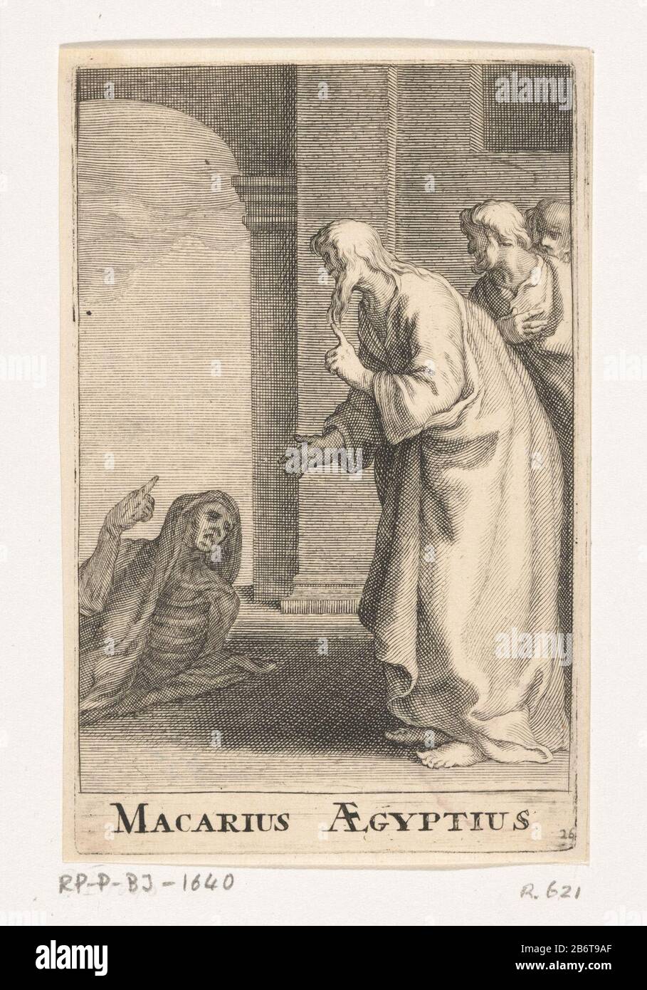 De heilige Macarius bezoekt het graf van een onterecht beschuldigde man: Déze staat weer op en getuigt van zijn onschuld. Prent uit een série van 80 prenten en een titelprent met kluizenaars it de 2 e tot de 6 e euw. Fabricant : protmaker: Frederick Bloemaertnaar tekening van: Abraham BloemaertPlaats fabrication: Utrecht Dating: NA 1636 - CA. 1670 kenmerken physique: Gravure matériau: Papier Techniek: Graveren (drukprocedé) Dimensions: Plaatrand: H 135 mm × b 85 mm Sujet: Saints des hommes (avec NOM) Banque D'Images