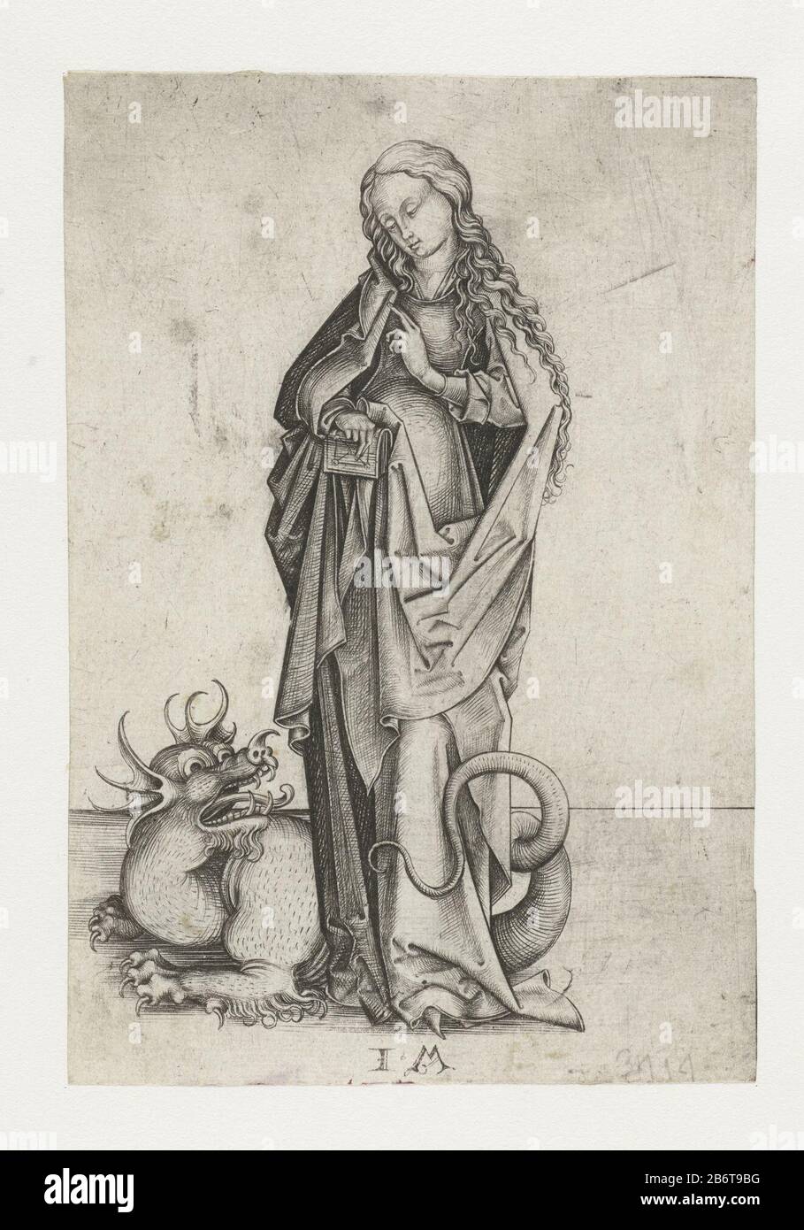 Heilige Margaretha la Sainte Margaretha avec un livre dans sa main et un dragon sur sa voeten. Fabricant : printmaker: Israhel de Meckenem (propriété cotée) Lieu de fabrication: Bocholt (Allemagne) Date: 1455 - 1503 Caractéristiques physiques: Matière automobile: Technique du papier: Engrala (impression) Dimensions: Feuille: H 161 mm × W 110 mm Objet: La martyre vierge Margaret d'Antioch; attributs possibles: croix, couronne, dragon (sous les pieds ou sur la chaîne), (ou chaplet) perle Banque D'Images