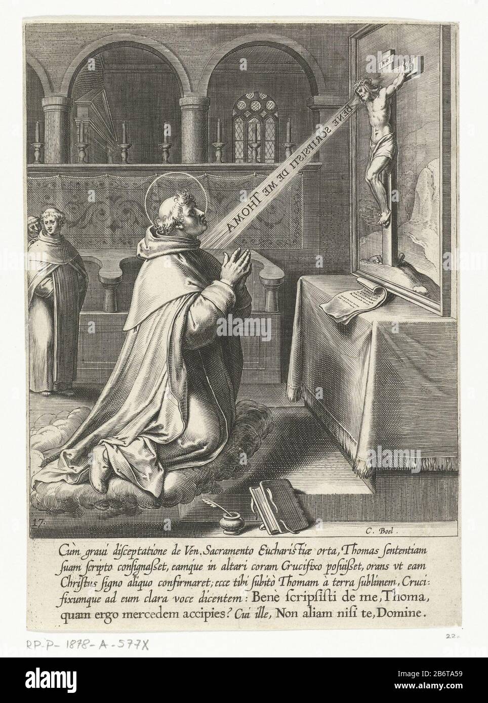 Heilige Thomas van Aquino en gesprek a rencontré een crucifix Het leven van de heilige Thomas van Aquino (serietitel) Saint Thomas Aquin a demandé à Christ un signe qu'il Où: D'environ l'a sancré dans une de ses oeuvres. Le crucifix qu'il prie lui parle et le laisse flotter. Imprimez une série de 30 tirages représentant la vie de Thomas Aquin. Les empreintes, à un dessin et publié par Otto van Veen, C. par Boel, E. van Paenderen, C. et G. Galle Swanenburgh vervaardigd. Fabricant : Print Maker: Cornelis Boel (indiqué sur l'objet) au dessin de: Otto van Veen Editor: Otto van Veen Place manufactur Banque D'Images