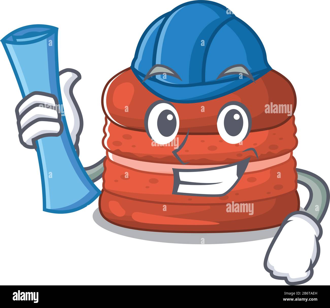 Architecte souriant de macaron cerise avec des imprimés bleus et un casque bleu Illustration de Vecteur