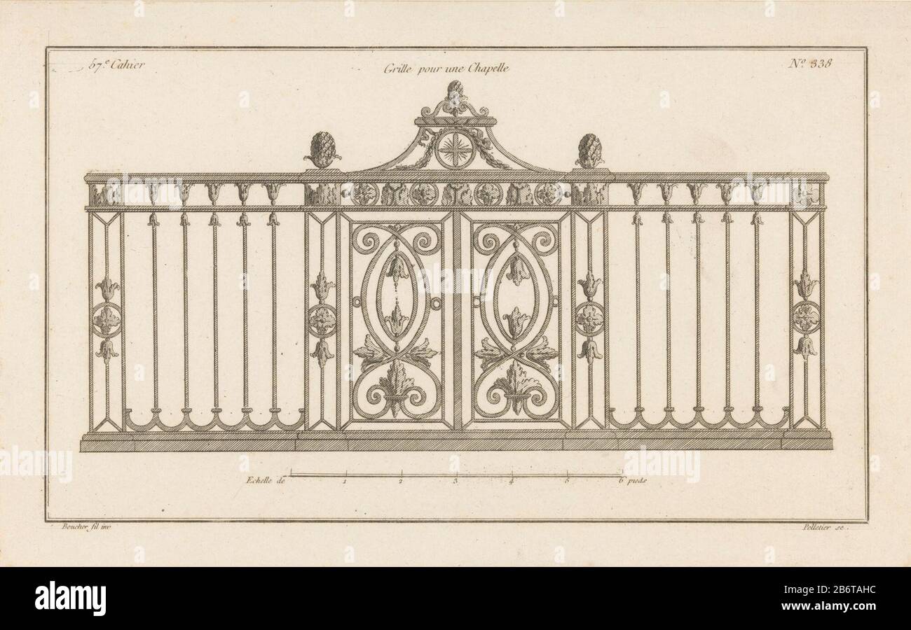 HEK met bloemmotieven en denenapels grille pour une Chapelle (objet titel op) Hekken (servietitel) 57 e Cahier (objet servietitel op) une clôture en fer forgé avec motifs floraux, cônes de pin et une croix. Imprimer Le Numéro 338. Fabricant : printmaker Jean Pelletier (propriété cotée) conçu par: Juste Nathan François Boucher (bâtiment classé) Editeur: Charles le Père & Pierre-Michel AvaulezPlaats fabrication: Paris Date: 1772 - 1779 Caractéristiques physiques: Gravure et engring matériaux techniques: Papier: Gravure / engring (processus d'impression) mesures: Bord de la plaque: H 203 mm × W 329 mmToelichtingPrent deux Banque D'Images