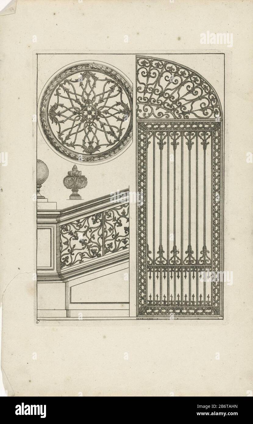 HEK, trapleuning en twee ornement Smeedwerk (serietitel) De la série de 6 lames avec tegenzijdige néerlandais copies de feuilles de la série Liure la Serurerie, conçu par Jean Lepautre et les lames d'une autre série. Deuxième druk. Fabricant : conçu par Jean Leutreprentmaker: Éditeur anonyme: Reiner Ottens (I) Editeur: Reiner Ottens (II) Editeur: Joshua Otten City Manufacturing: Design of France (possible) printmaker: Netherlands (possible) Éditeur: Amsterdam Éditeur: Amsterdam Date: 1726 - 1750 et / ou 1750 - 1765 matériel: Technique du papier: Etdime Banque D'Images