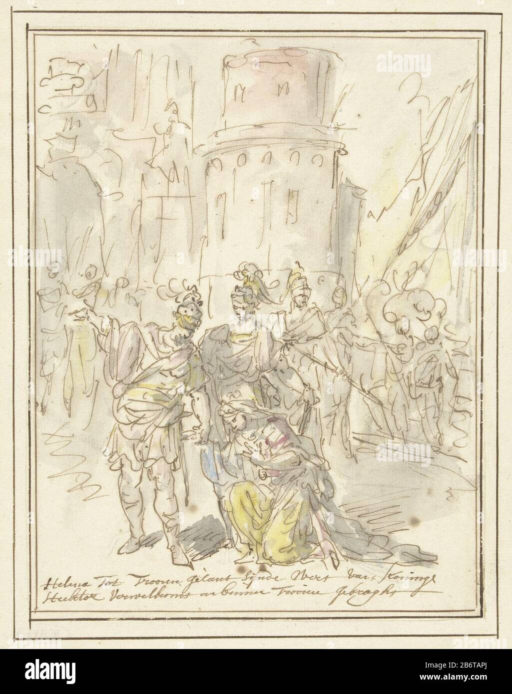 Helena wordt bij haar aankomst in Troje verwelkomd DOOR Hector Draft Schildering. Fabricant : artiste Elias Nijmegen Date: 1677 - 1755 Caractéristiques physiques: Stylo à encre brune couleur aquarelle, crayon matériau: Encre papier aquarelle technique crayon: Brosse / stylo Dimensions: H 207 mm × W 161 mm Sujet: L'arrivée de Paris et Helen à Troy Banque D'Images