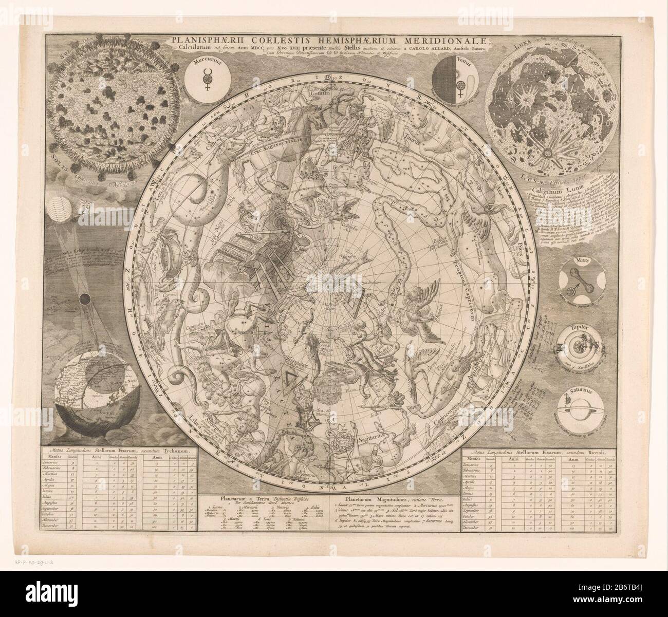 Hemelkaart met de zuidelijke sterrenbeelden Planisphaerii coelestis hémisphaerium méridional () (objet op titel) carte céleste avec les constellations du sud, selon la classification traditionnelle de Ptolemy et ses disciples. En haut à gauche une vue de la surface du soleil, à droite de la lune. Pour plus de cartes Mercure, Vénus, Mars, Jupiter et Saturne à voir. En bas à gauche une image de l'éclipse le 12 mai 1706. Sous les tableaux avec des notes sur les distances et les emplacements des étoiles et planeten. Fabricant : printmaker: Éditeur anonyme: Carel Allard (propriété cotée) fournisseur de privilèges: États Banque D'Images