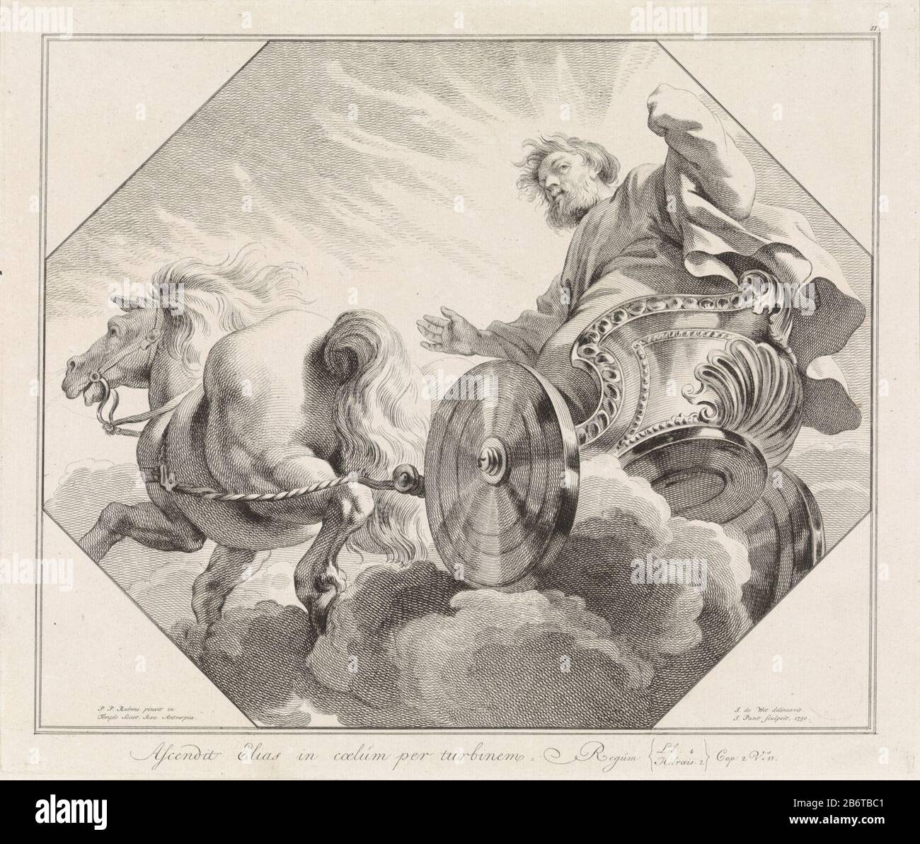 Hemelvaart van Elia les plat-fonds ou les nappes des galeries de plafonds de gallerystukken (serietitel) Elie dans un char tiré par un cheval dans les nuages. Parmi les performances octogonales d'un deuxième verset dans les rois latins. 2: 11. Fabricant : printmaker Jan point (propriété listée) à dessiner: Jacob de Wit (propriété listée) à peindre par Peter Paul Rubens (bâtiment listed) éditeur: Jan point Lieu fabrication: Amsterdam Date: 1750 Caractéristiques physiques: Gravure et engrafage matériel: Papier: Technique de gravure / engrafage (processus d'impression) Dimensions: H 336 mm × W 397 mm Objet: Un char, cheval Banque D'Images