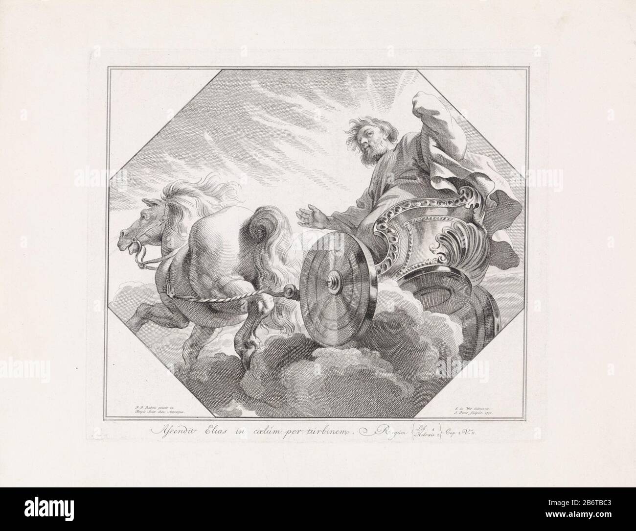 Hemelvaart van Elia les plat-fonds ou les nappes des galeries de plafonds de gallerystukken (serietitel) Elie dans un char tiré par un cheval dans les nuages. Parmi les performances octogonales d'un deuxième verset dans les rois latins. 2: 11. Fabricant : printmaker Jan point (propriété listée) à dessiner: Jacob de Wit (propriété listée) à peindre par Peter Paul Rubens (bâtiment listed) éditeur: Jan point Lieu fabrication: Amsterdam Date: 1750 Caractéristiques physiques: Gravure et engrafage matériel: Papier: Technique de gravure / engrafage (processus d'impression) Dimensions: H 336 mm × W 397 mm Objet: Un char, cheval Banque D'Images