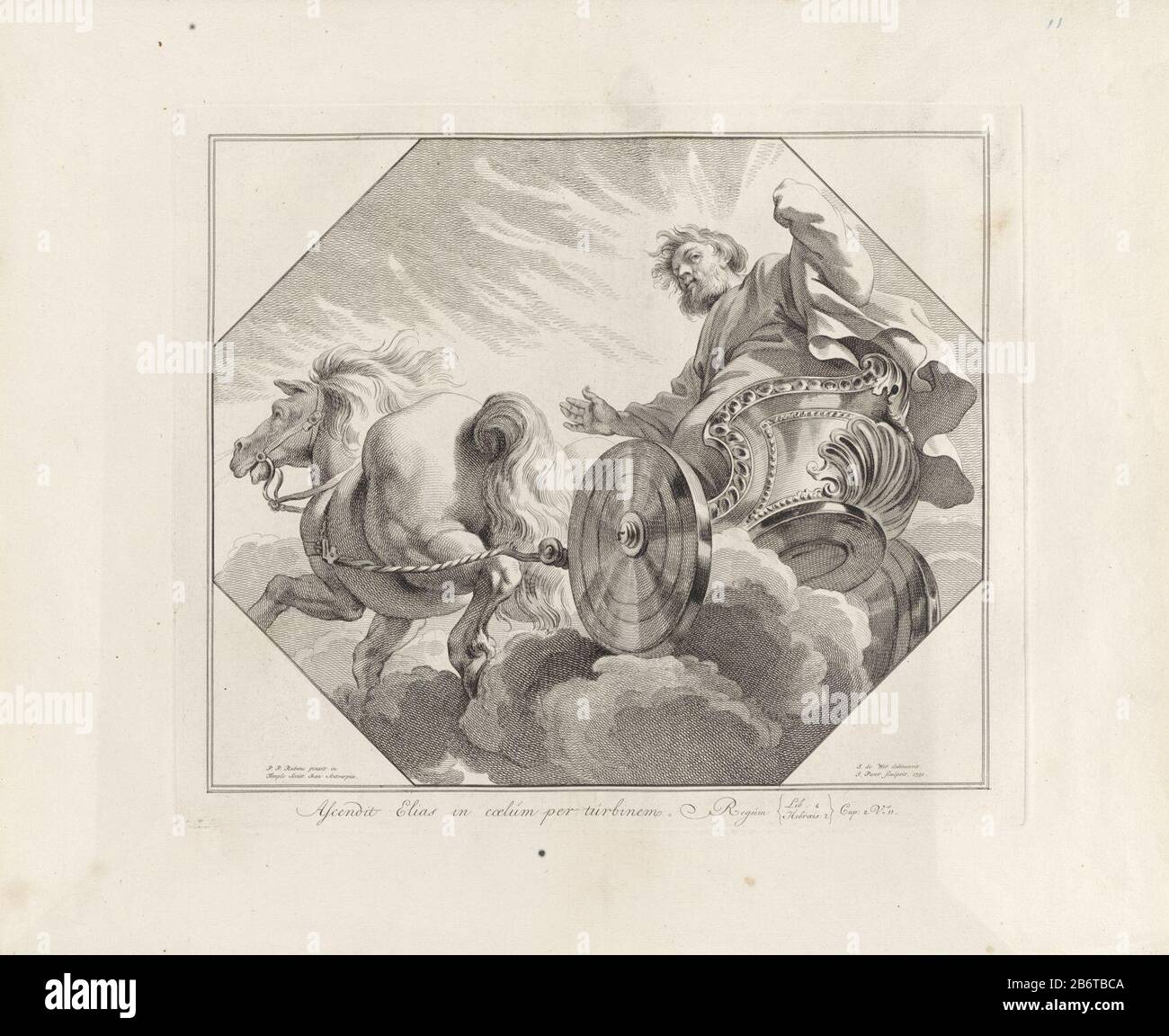 Hemelvaart van Elia les plat-fonds ou les nappes des galeries de plafonds de gallerystukken (serietitel) Elie dans un char tiré par un cheval dans les nuages. Parmi les performances octogonales d'un deuxième verset dans les rois latins. 2: 11. Fabricant : printmaker Jan point (propriété listée) au dessin: Jacob de Wit (propriété listée) à la peinture par Peter Paul Rubens (bâtiment listed) éditeur: Jan point Lieu fabrication: Amsterdam Date: 1750 Caractéristiques physiques: Gravure et engrafage matériel: Papier: Technique de gravure / engrafage (processus d'impression) mesures: Bord de la plaque: H 338 mm × l 397 mm Objet : a Banque D'Images