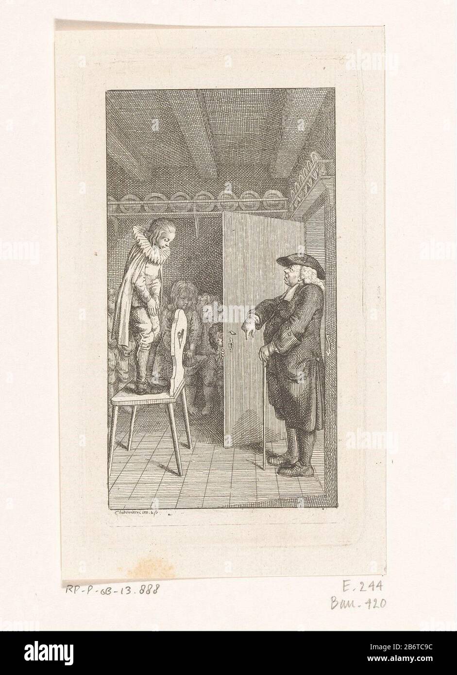 Henrich Stilling tot de orde geroepen porte predikant Stollbein Vêtu d'un manteau de dame noir et avec un col en papier autour de son cou se tient Henrich Stilling sur une chaise. De cette façon, il prêche à sa congrégation, composée d'un groupe d'enfants. À ce moment-là, le ministre Stollbein au sein duquel Henrich commande jusqu'à komen. Fabricant : printmaker Daniel Nikolaus ChodoWie: CKI (bâtiment classé) dans son dessin: Daniel Nikolaus Chodowiecki (propriété cotée) Lieu de fabrication: Berlin Date: 1778 Caractéristiques physiques : matière de gravure: Papier technique: Dimensions de gravure: Bord de la plaque: H × 132 mm b Banque D'Images