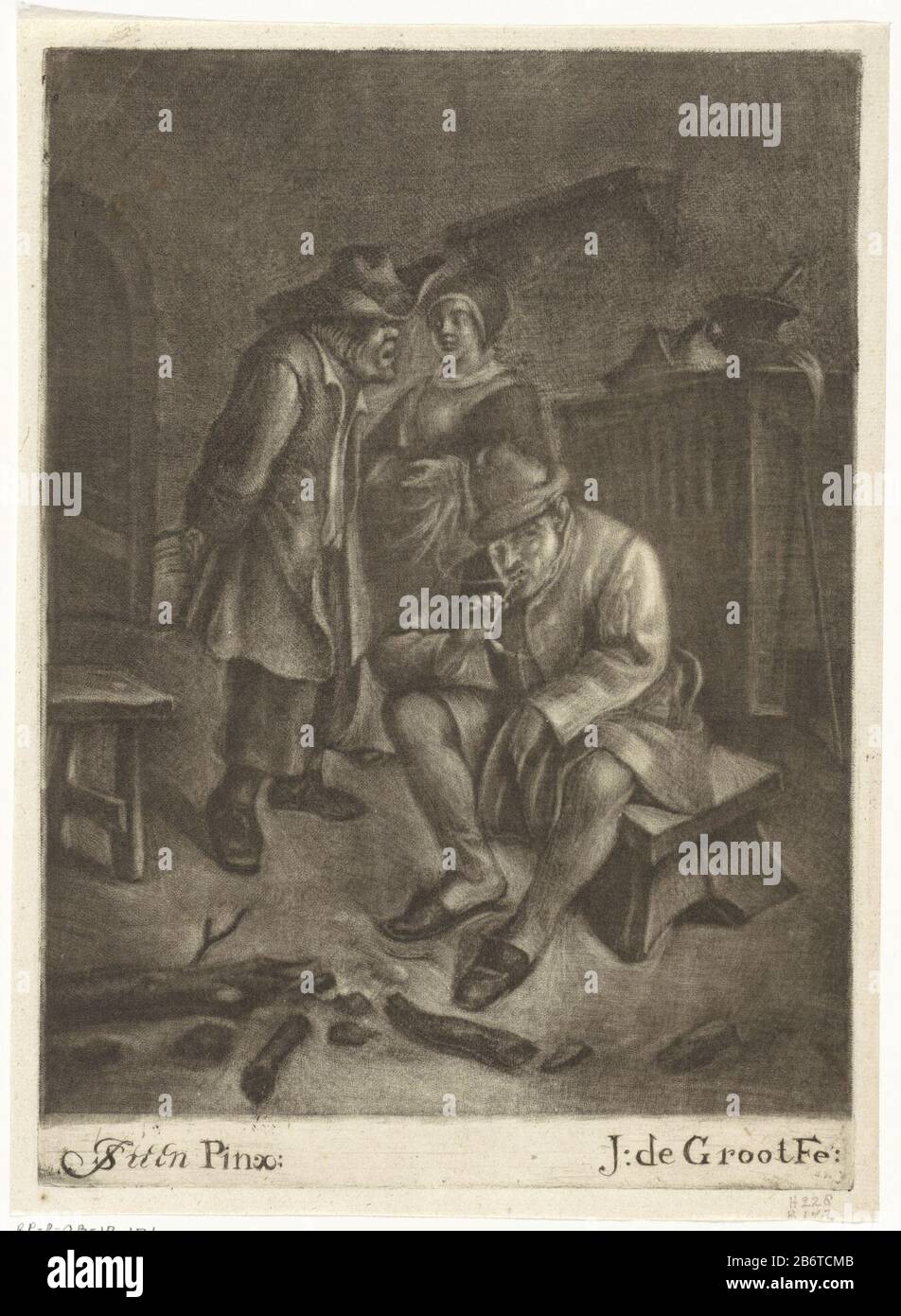Dans une auberge se trouve fumer un homme. Derrière lui se tiennent un homme et une femme praten. Fabricant : printmaker Jan de Groot (propriété cotée) conçu par Jan Havicksz. Steen (indiqué sur l'objet) Lieu de fabrication: Nord des Pays-Bas Date: 1698 - 1776 Caractéristiques physiques: Mezzotint et engrala matière: Papier technique: Mezzotint / engraa (procédé d'impression) mesures: Bord de la plaque: H 242 mm × W 174 mm Objet: Pipe  tobaccoinn, café, maison publique, etc Banque D'Images