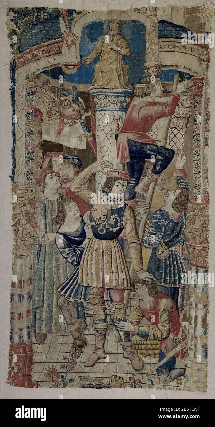 Hercules bewapent zich de geschiedenis van Hercules (serietitel) In een ronde tempel staat op een tegelvloer, midvoor een zil met godenbeeld een ridder bijgestaan porte twee schnapen. Op zijn maliënkolder staat op de rok het inschrift: Hercules. Hercules Steunt zijn ARM op het hoofd van én der schildknapen. De andere bras heeft hij opgeheven. Hercules en de wapenmeester dragen een platte bonnet van rood met opgeslagen rand. De achterwand heeft weer gerasterde vensters en aan haken hangen links een wapenrok en een heel. Het blauwe koepeldak heeft een lucarne met twee zijtorentjes met pi Banque D'Images