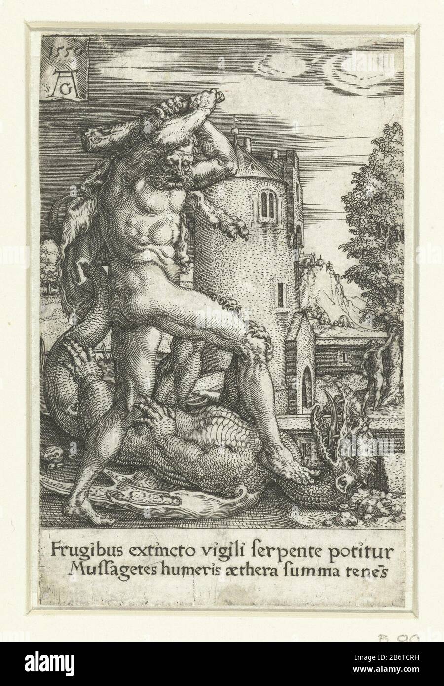 Hercules doodt de draak Ladon Werken van Hercules (servietitel) Dans le jardin des Hespérides Hercules qui claque le dragon Ladon gardait les pommes, avec des nœuds relevés et debout avec un pied sur le cou de l'animal. En arrière-plan Hercules cueillant les pommes de l'arbre. Parmi les deux, un texte de deux lignes en latin. Huitième photo d'une série de treize avec les oeuvres d'Hercules. Fabricant : Print Maker: Heinrich Aldégraissant (indiqué sur l'objet) à imprimer par: Fabrication anonyme: Print Maker: Allemagne À imprimer par: Venise Date: 1550 Caractéristiques physiques: Engraa materiel: Banque D'Images