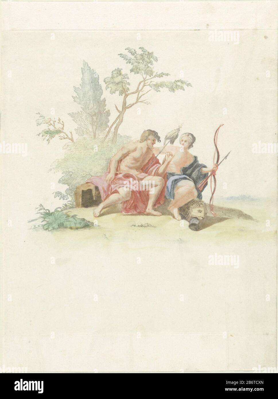 Hercules en Omphale Hercules se trouve à côté d'Omphale, reine de Lydia, qu'un bras ha l'a battu. En tant qu'esclave au service d'Omphale Hercules était effeminate. Il a son dipersonnel dans ses mains. Elle a son arc et sa flèche et la peau du lion et le club situé sur sa voeten. Fabricant : printmaker: Supervision anonyme Johan Teylerstraat Lieu de fabrication: Pays-Bas Date: 1688 - 1698 Caractéristiques physiques: Gravure et engrama à la poupée en vert, bleu, marron, rouge et noir, de couleur orange, rouge, vert et bleu: Papier: Technique: gravure / engrala (impression) / à la poupée / couleur / Banque D'Images