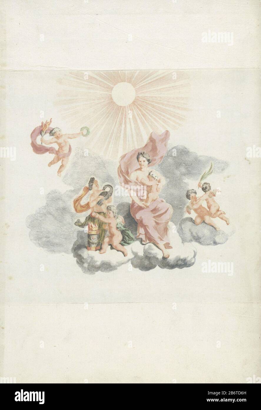 Hercules wordt gezoogd porte Juno Juno assis sur des nuages et donne Hercules petite poitrine. En raison de sa boisson au lait est Hercules immortel. Liens contient une figure du paon, l'attribut de Juno, entre les mains. Un putto venir voler avec lauwerkrans. Fabricant : printmaker: Supervision anonyme Johan Teylerstraat Lieu fabrication: Pays-Bas Date: 1688 - 1698 Caractéristiques physiques: Voiture à la poupée en rouge, vert et noir, couleur à la main en rouge, orange et vert: Papier technique: Engraa (impression) / à la poupée / couleur / couleur à la main dimensions: Bord de la plaque: H 207 mblad b 236 mm Objet Banque D'Images