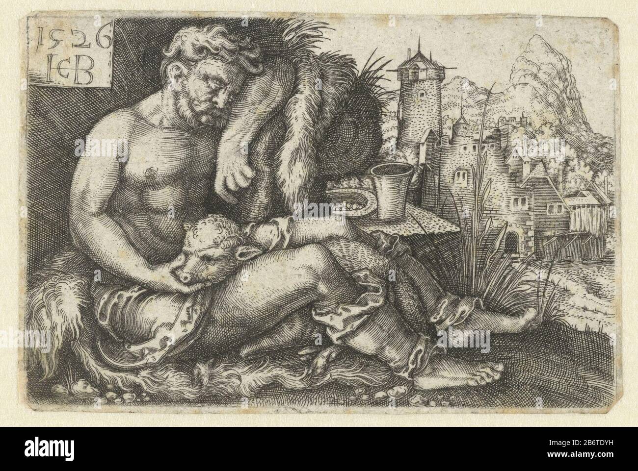 Herder a rencontré een schaap berger assis sur une peau animale dans une roche avec un mouton allongé entre ses jambes reposent dans la tête de la main animale. En arrière-plan à droite se trouve une ville visible. Copie d'un tirage de Hans Sebald Beham. Fabricant : Print maker: Jacob Binck (indiqué sur l'objet) à imprimer par: Hans Sebald BehamPlaats fabrication: Allemagne Date: 1526 Caractéristiques physiques: Matière de prise: Technique du papier: Engraa (procédé d'impression) mesures: Feuille: H 53 mm × b 79 mm Objet: Herding, herdsman, herdswoman, berger, bergers, cowess, brebis Banque D'Images