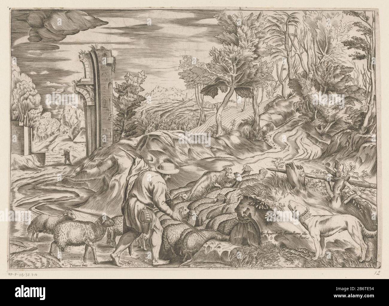 Herder a rencontré kudde schapen Een jonge herder a rencontré zomerhoed leidt zijn kudde schapen op een heuvel. Zijn hond kijkt toe op de voorgrond rechts. Op de achtergrond rechts een borijke heuvel en links een antieke ruïne en een wandelaar. Fabricant : protmaker: Anoniemnaar onwerp van: Titiaan (vermeld op object)uitgever: Giovanni Giacomo de'Rossi (vermeld op object)Plaats fabricación: Prentmaker: Italiënaar ontwerp van: Italiëuitgever: Rome Dating: 1637 - 1691 Physical kenmerken: Graveden: Grafggesedene (häusen): Häussern (häussern) (häussern: Verkrieitäussern: Verkrieitäussern) (Verkrieitäussern Banque D'Images