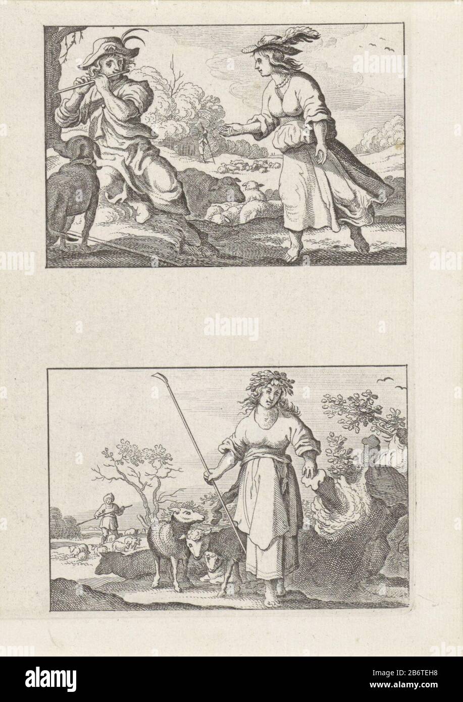 Herders en herderinnen feuille avec deux scènes de bergers et bergers dans un paysage. Ci-dessus: Faire le berger de la musique et un bergers debout. Sous une bergers reposant contre un boombastion. Fabricant : éditeur: Nicolaes Visscher (I) printmaker: Fabrication anonyme: Pays-Bas Date: 1633 - 1679 matériau: Technique du papier: Gravure Dimensions: Feuille: H 179 mm × W 125 mmToelichtingDeel un imprimé en quartiers avec huit voorstellingen. Objet: Pasteurs, scènes Arcadiennes et Banque D'Images