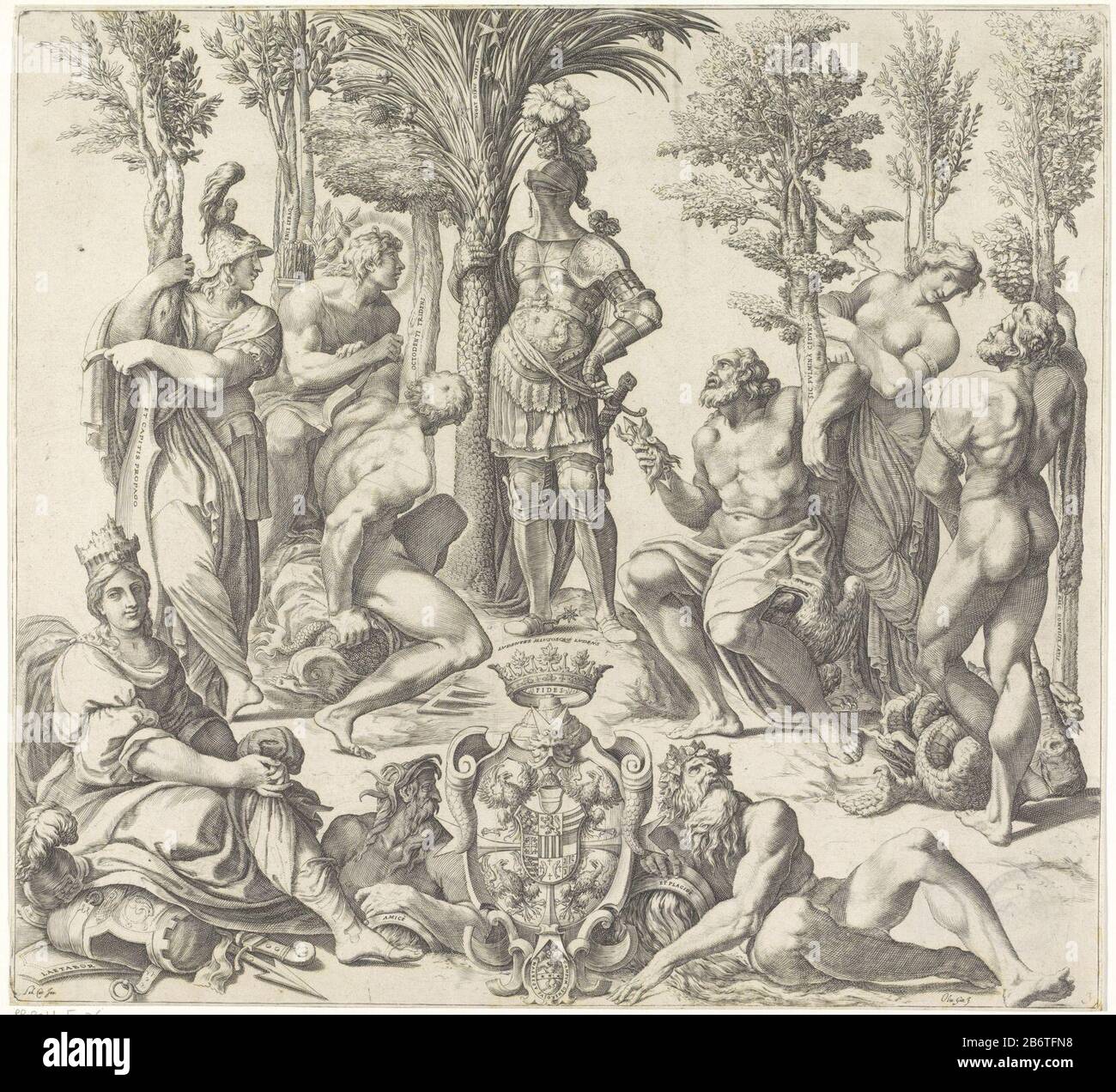 Hertog van Mantoua met de zes ornement heidense goden le duc de Mantoua est dans un harnais, à côté d'un arbre. Il est flanqué des deux côtés par trois divinités païennes (Minerva, Apollo, Neptune, Jupiter, Vénus et Hercules). Au premier plan, un manteau, deux dieux de rivière et une figure féminine assise sur une pile de wapens. Fabricant : printmaker: Oliviero Gatti (propriété cotée) à la conception: Ludovico Carracci (propriété cotée) Lieu de fabrication: Italie Date: 1589 - 1626 Caractéristiques physiques: Matière automobile : technique du papier: Engraa (procédé d'impression) Dimensions: Feuille: H 353 mm (bord de la plaque découpée intérieure.) × W 386 mm (intérieur c Banque D'Images