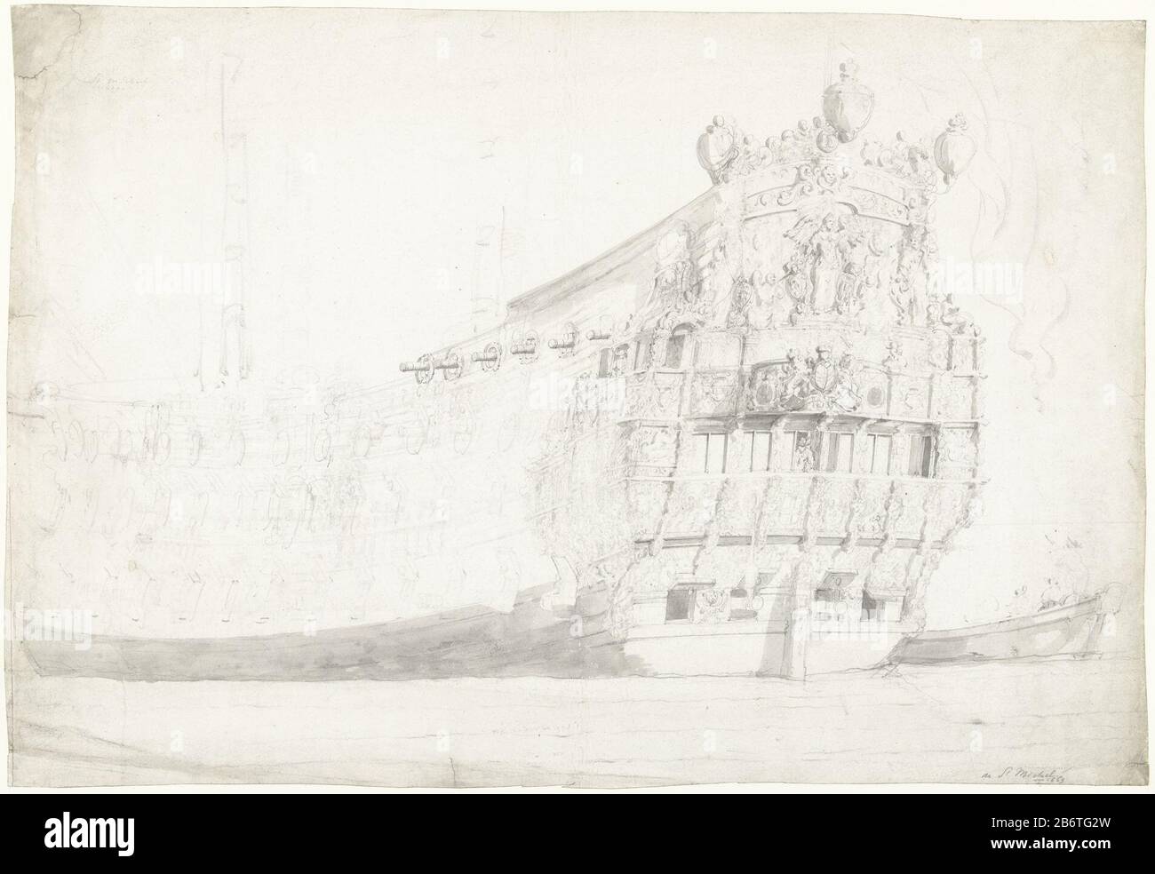 Het Engoorlogsschip St Michael Anglais warship St. Michael Type d'objet: Dessin Numéro d'objet: RP-T 1961-120 Fabricant : artiste: Willem van de Velde (II) Date: 1669 - 1707 Caractéristiques physiques: Brosse en crayon gris: Papier crayon technique : Dimensions de la brosse: H 390 mm × W 570 mm Objet: Bateau à voile, bateau à voile marine (+ bateaux à voile) noms d'objets et d'objets fabriqués par l'homme (bâtiments exclus) (avec LE NOM) Qui: St. Michael (navire) Banque D'Images