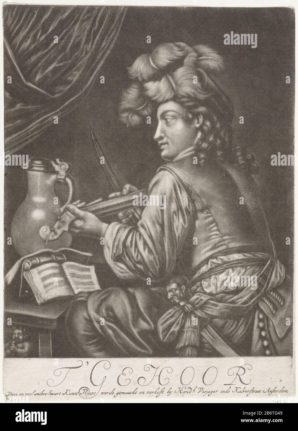 Het Gehoor T' Gehoor (objet titel op) de vijf zintuigen (servietitel) un homme avec un chapeau à plumes joue du violon à une table, où: Se tenir sur sa musique. L'impression fait partie d'une série de cinq photos avec cinq intuiigen. Fabricant : printmaker: Éditeur anonyme: Henry VisjagerPlaats fabrication: Amsterdam Date: 1673 - 1694 Caractéristiques physiques: Mezzotint matériau: Papier technique: Mezzotint Dimensions: Feuille: H 260 mm (légèrement découpée) bord de la plaque b 193 mm Sujet: Audition, écoute (un des cinq sens) violon, violon, violon Banque D'Images
