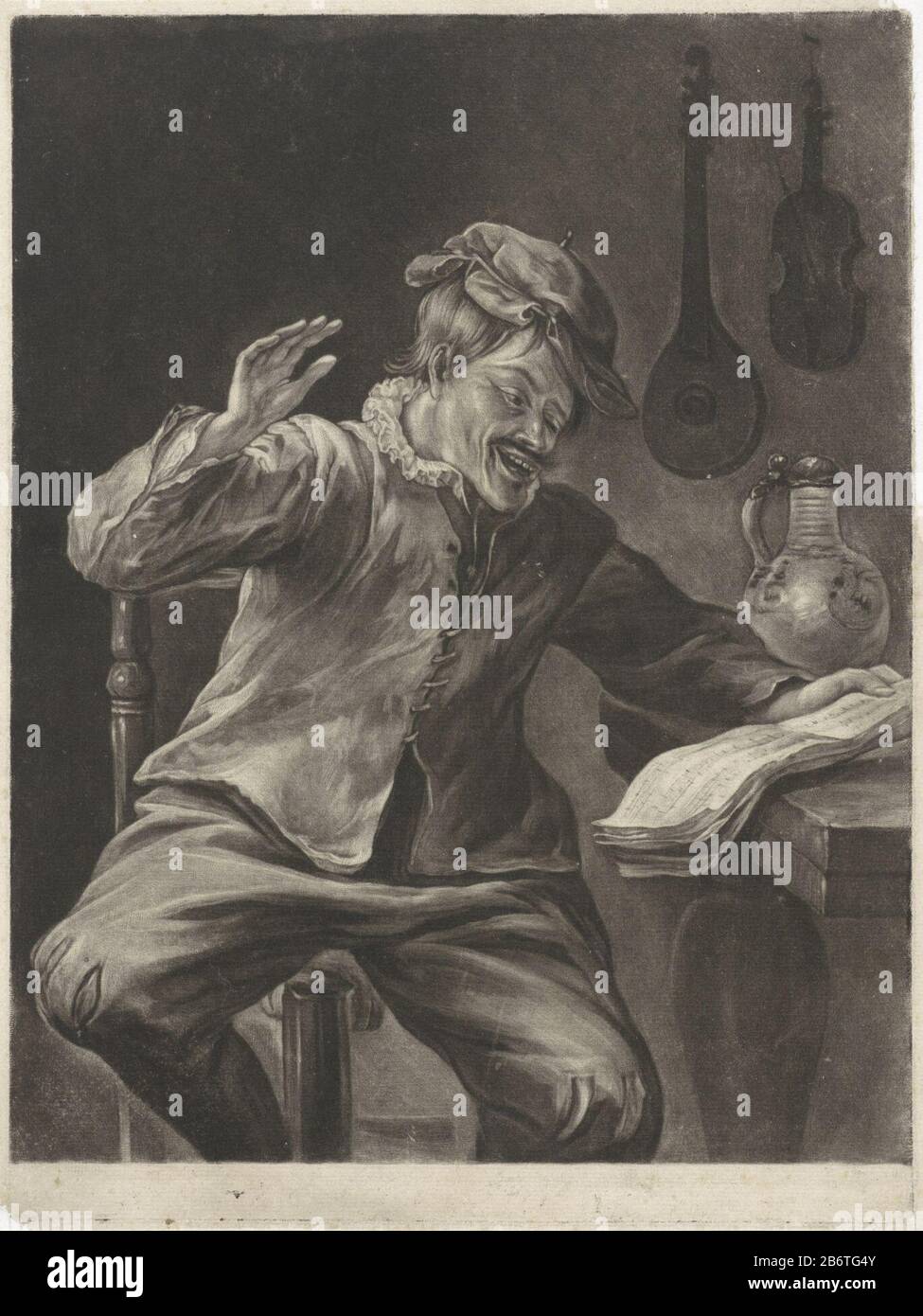 Het Gehoor zingde man de vijf zintuigen (servietitel) L'audience. Un homme chantant avec de la musique de fond. Au mur, accrochez un luth et un violon. L'impression fait partie d'une série de cinq zintuiigen. Fabricant : printmaker Jacob Golenaar design: Jan Havicksz. Steenplaats fabrication: Amsterdam Date: 1670 - 1724 Caractéristiques physiques: Mezzotint; matériel d'épreuvage: Technique papier: Dimensions Mezzotint: Bord de la plaque: H 274 mm × W 205 mm Sujet: Audition, écoute (l'un des cinq sens) musique vocale, chant violon, violon, violon, fudllute, et formes spéciales de luth, par exemple: Théorbo Banque D'Images