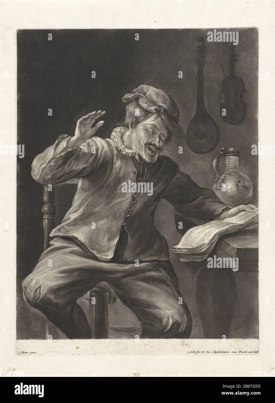 Het Gehoor zingde man de vijf zintuigen (servietitel) L'audience. Un homme chantant avec de la musique de fond. Au mur, accrochez un luth et un violon. L'impression fait partie d'une série de cinq zintuiigen. Fabricant : printmaker Jacob Gole (propriété cotée) conçu par Jan Havicksz. Stone (bâtiment classé) Éditeur: Jacob Gole (propriété listée) fournisseur de privilèges: États de Hollande Lieu de fabrication: Amsterdam Date: 1670 - 1724 Caractéristiques physiques: Mezzotint et engrala matière: Technique du papier: Mezzotint / engrala (processus d'impression) Dimensions: Bord de la plaque: H 274 mm × W 205 mm Objet: Musique vocale, chant hea Banque D'Images