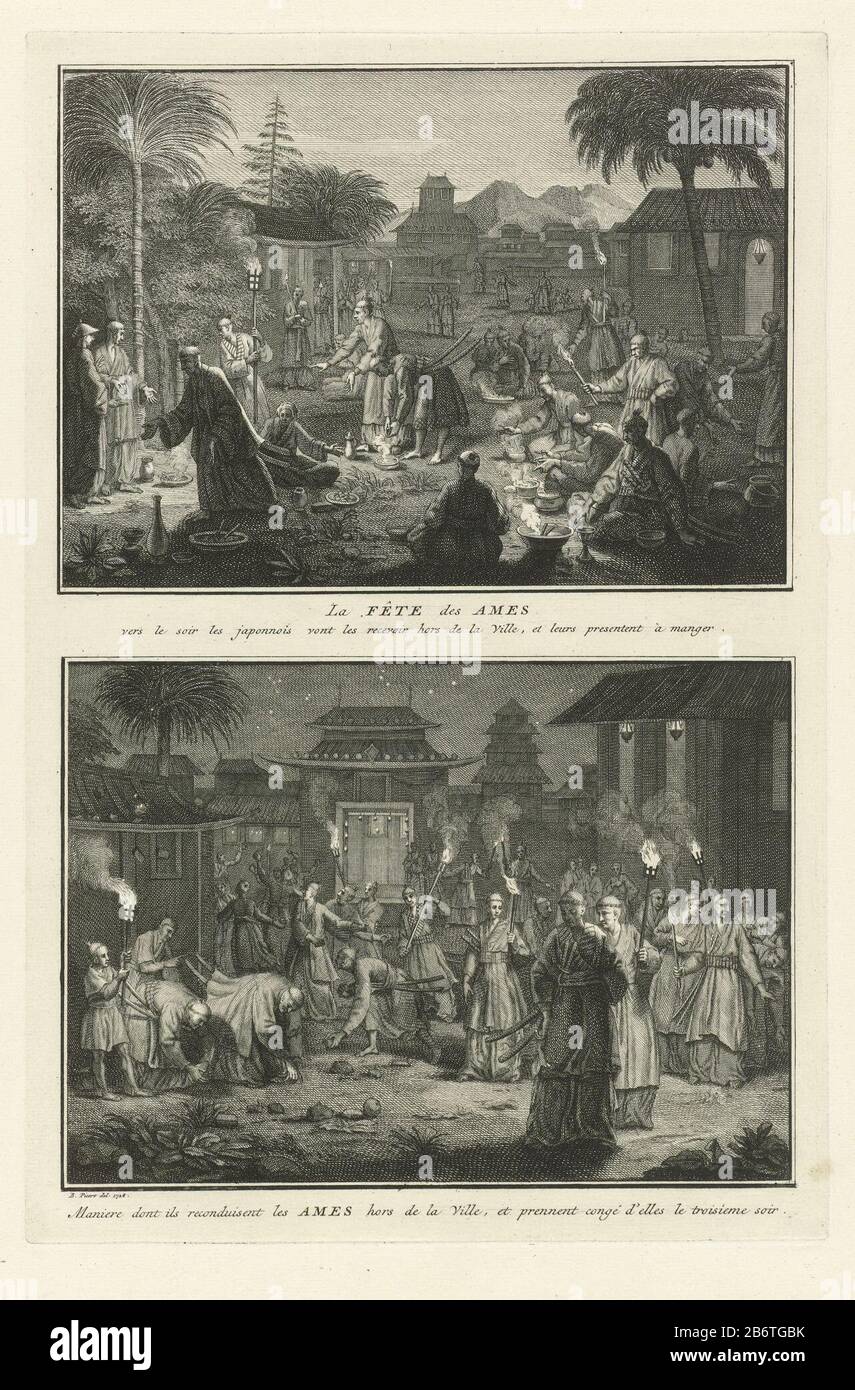 Het Japanse geestenfeest Leaf avec deux représentations du Festival fantôme japonais. Ci-dessus: Les Japonais ont des âmes à manger dans la soirée. Ci-dessous : les Japonais dirigent les esprits avec des torches la nuit la ville. Parmi les représentations une légende dans les Frans. Fabricant : Print maker: Bernard Picart (studio) à dessin de: Bernard Picart (indiqué sur l'objet) Lieu de fabrication: Amsterdam Date: 1728 Caractéristiques physiques: Gravure et engrafage matériau: Papier technique: Gravure / engrafage (impression) mesures: Bord de la plaque: H 335 mm × W 223 mmToeliechtPrent également utilisé dans: Picart, Bernard. Naaukeurige Be Banque D'Images