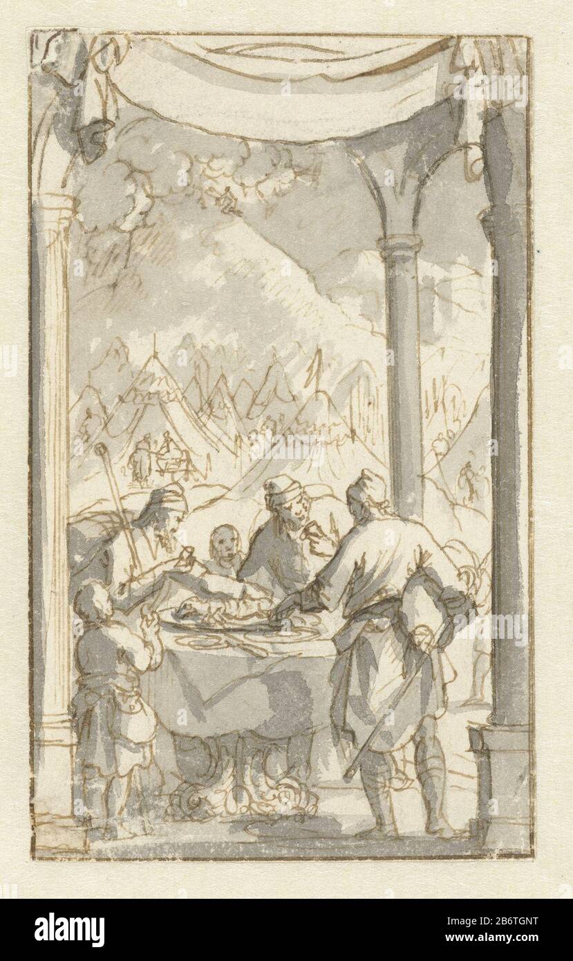 Het Pascha projet Possible prent. Fabricant : artiste: Jan Luyken Date: 1660 - 1712 Caractéristiques physiques: Stylo à encre brune, pinceau et gris: Encre papier technique: Stylo / pinceau dimensions: H 138 mm × b 84 mm Objet: Les Israélites mangent l'agneau de la pâque debout sur une table garrot leurs reins, Leurs chaussures sur Leurs pieds et avec des rasages dans Leurs mains, prêts à partir Banque D'Images