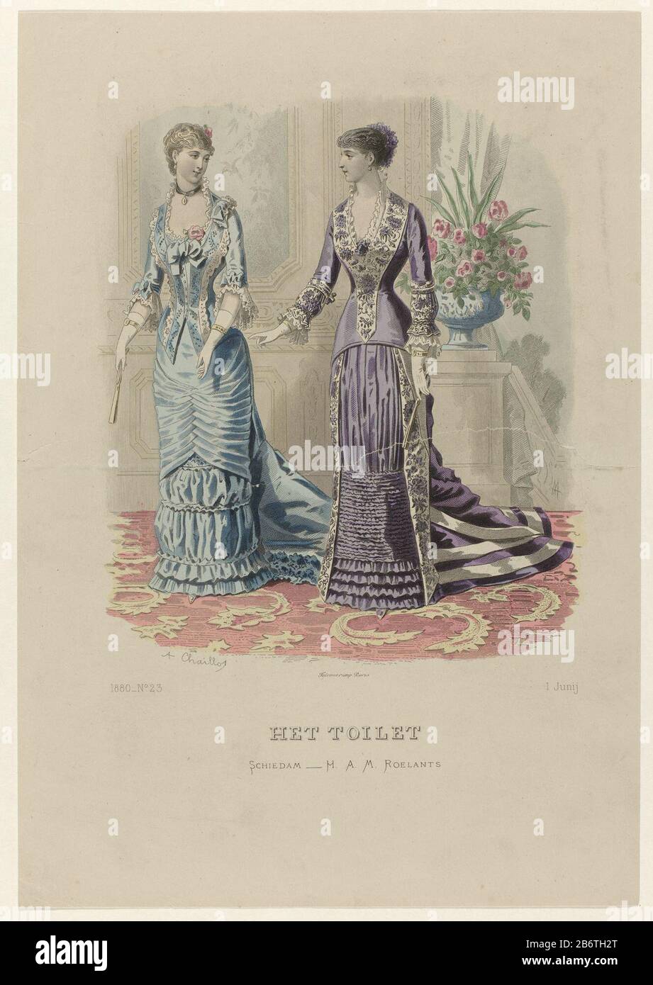Het WC, 1 juni 1880, No 23 Imprimer le magazine de mode The toilette (1877 -?) Manufacture Créateur:. Printmaker A. Chaillot (bâtiment classé) Editeur: Hendrik Adriaan Marius Roelants (bâtiment classé) imprimante: Falconer (propriété listée) Lieu de fabrication: Éditeur: Schiedam Editeur: Paris Date: 1880 Caractéristiques physiques: A, matière de couleur manuelle technique: Papier: Couleur des mains / engrala (processus d'impression) mesures: Feuille: H 363 mm × W 262 mm Objet: Vêtements de mode robe, robe (+ vêtements pour femmes) breloque, gants de breloque (+ vêtements pour femmes), moufles (GANTS LONGS) (+ WO Banque D'Images